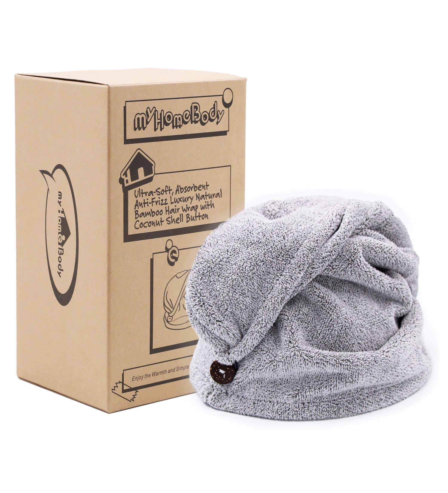 myHomeBody Luxury Anti-Frizz Hair Towel Wrap | Rapid-Dry Turban with Charcoal Fiber | Ultra Soft & Absorbent | Coconut Shell Button | Grey - Buy Online on GoSupps.com