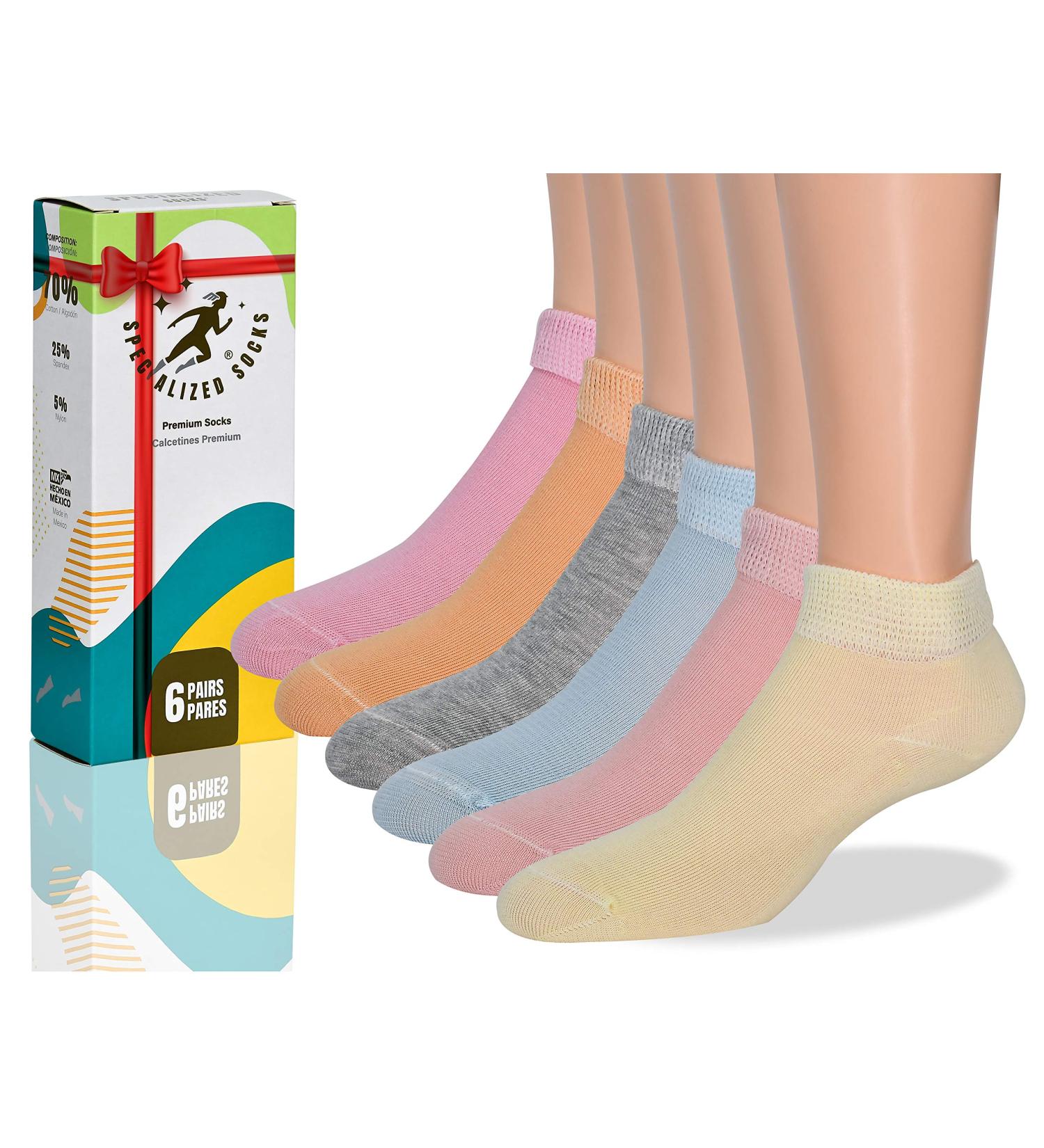 Diabetic Socks for Women Size 6-9 - Premium Cotton Fashion Design - Thin & Comfortable 9-11 in Baby Blue, Pink, Yellow, Orange, Salmon, and Gray - Buy Online on GoSupps.com