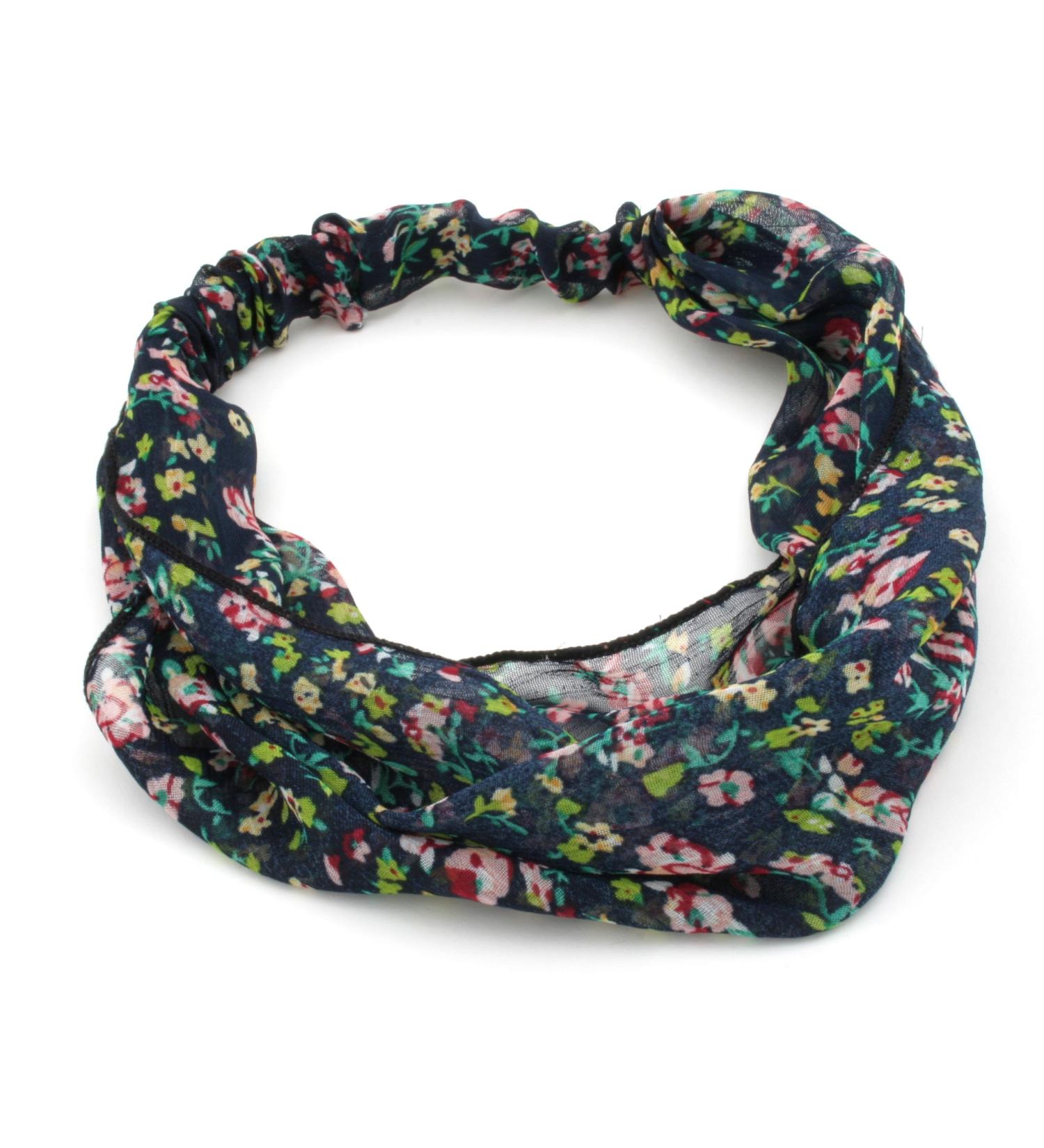 Navy Blue Ditsy Floral Print Chiffon Fabric Headband Hair Accessories by Zest