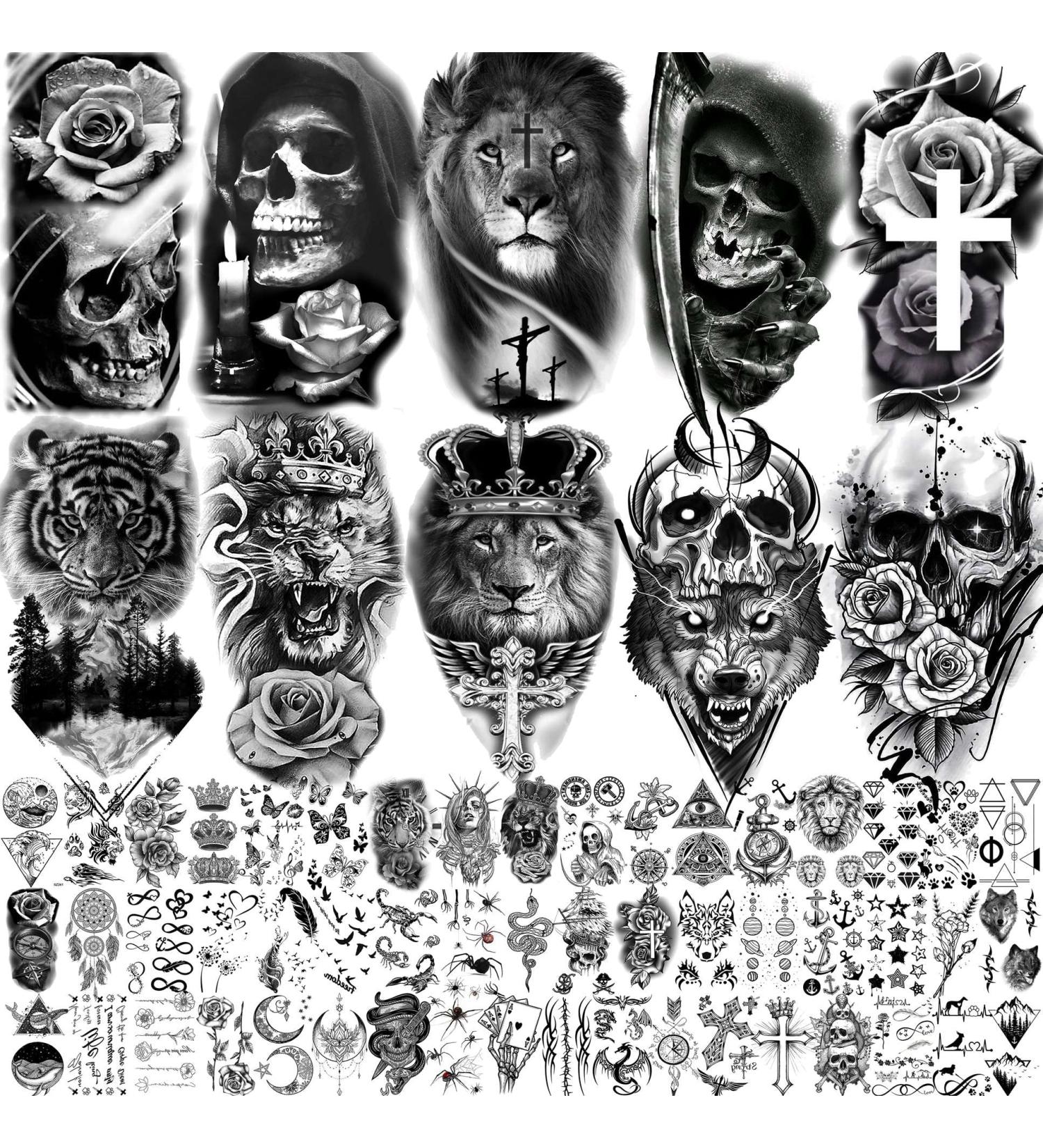 Yezunir Halloween Temporary Tattoos - 62 Sheets Black Tiger Lion Skull Wolf Skeleton Fake Tattoo Stickers for Men, Women, Kids - Long Lasting 3D Tribal Designs - Perfect for Halloween Parties - Buy Online on GoSupps.com