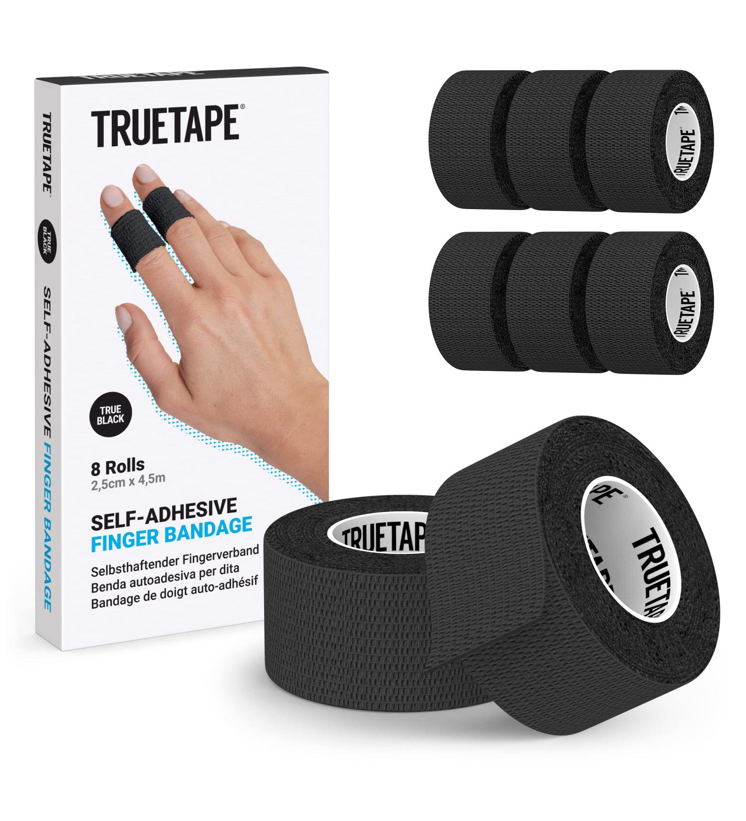 TrueTape Finger Pavement | 8x Rolls Self-Adhering Plasters for Fingers (2.5cm x 4.5m) | Black Dirt-Repellent Narrow Adhesive Tape - Buy Online on GoSupps.com