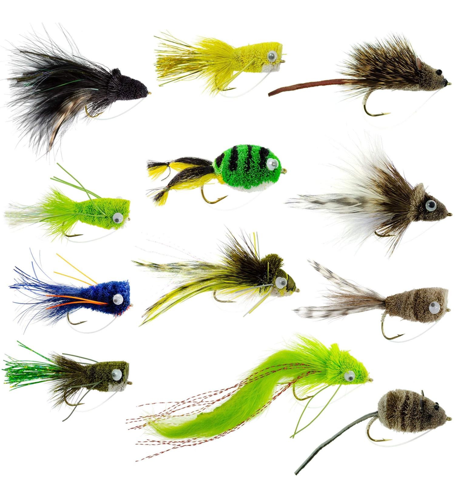 Fly Fishing Place Bass Bug Collection - Set of 12 Bass Fly Fishing Flies - Surface Poppers, Divers, Subsurface - Hook Sizes 2, 4, 6 - Buy Online on GoSupps.com