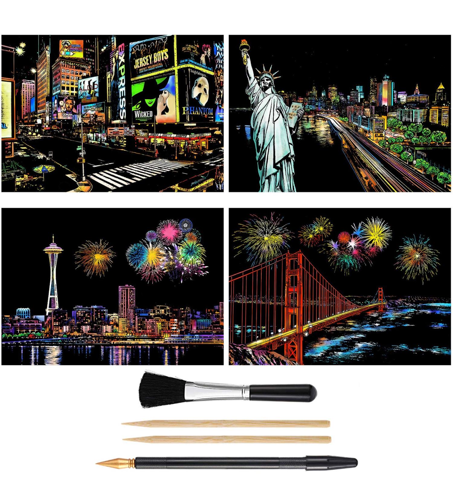 MeowHaus Scratch Art Rainbow Painting Paper Set - DIY Crafts Supplies with 4 Tools Pen | Perfect Engraving Activity for Women, Adults, and Kids | Christmas Birthday Gift Idea - Gold | 4 Sheets (A4) - Buy Online on GoSupps.com