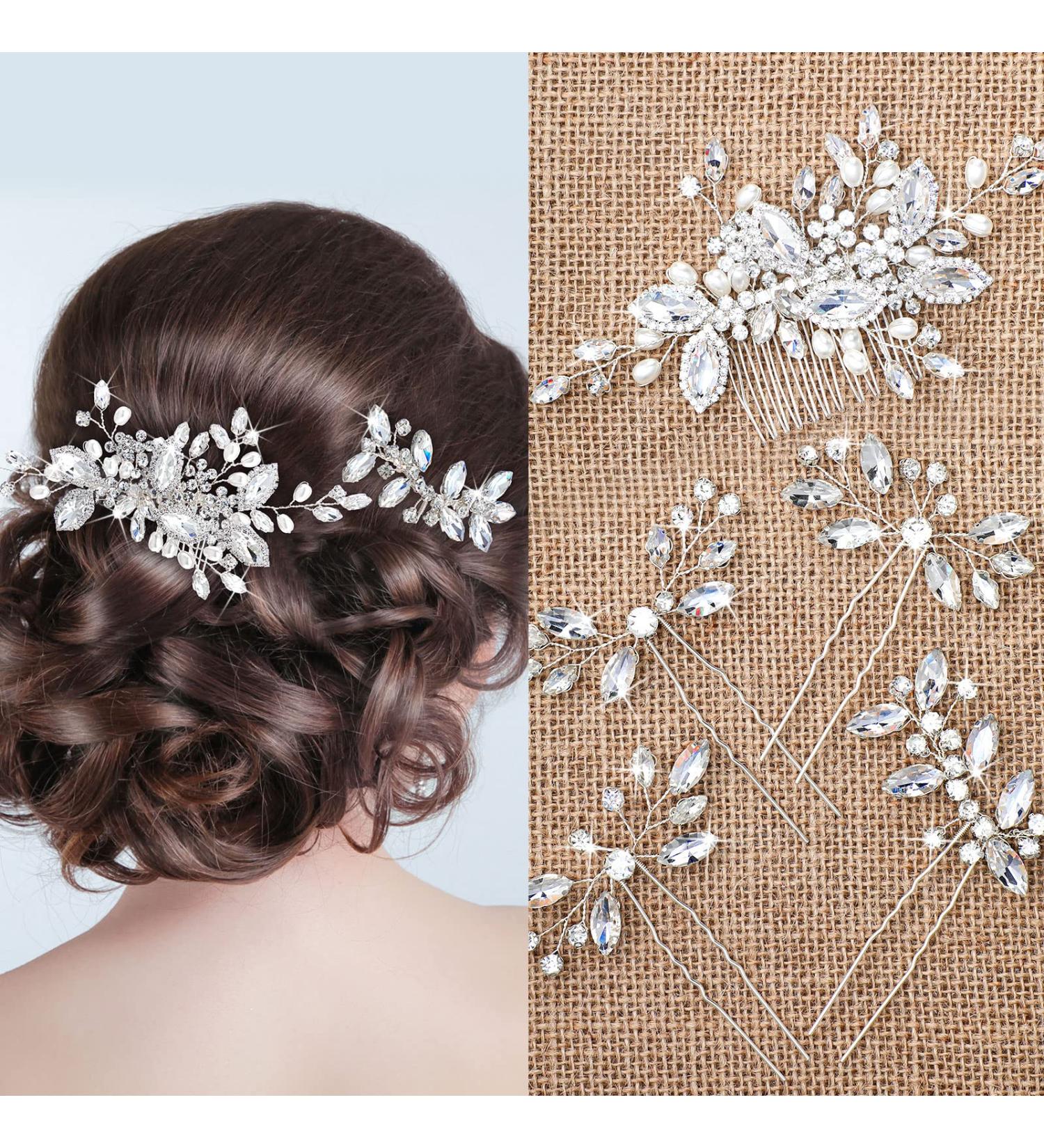 Crystal Bride Wedding Hair Comb Set - Silver Bridal Pieces with Pearl Rhinestones, Flower Hair Side Combs for Women & Girls - Buy Online on GoSupps.com