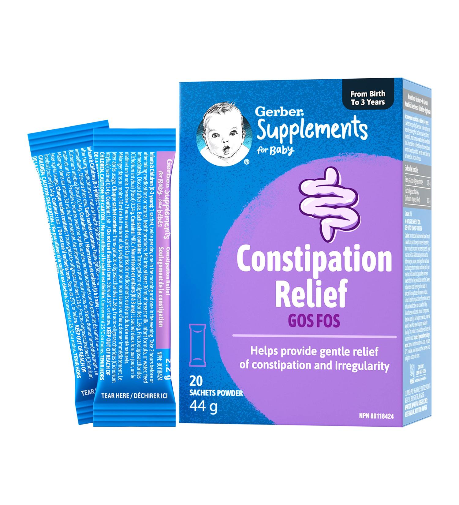 Gerber Supplements for Baby Constipation Relief (GOS FOS) 0-3 Years For Constipation & Irregularity No Additives Colours Flavours or Artificial Sweetener Sachets - Buy Online on GoSupps.com