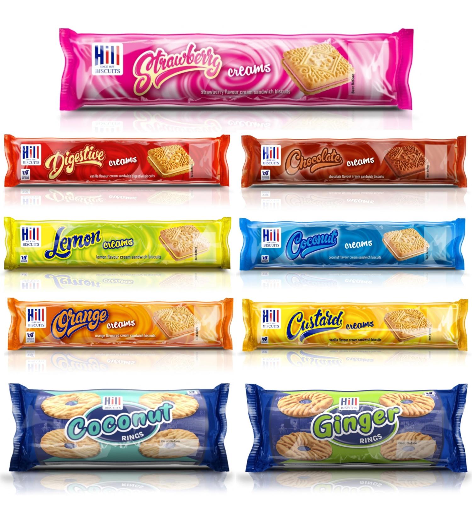 Hill Biscuits Pick N Mix - Choose From 9 Flavours | Chocolate Coconut-Creams Coconut-Ring Custard Digestive Ginger Lemon Orange Strawberry Creams & Rings Biscuit - Pack of 6 x 150g - Buy Online on GoSupps.com