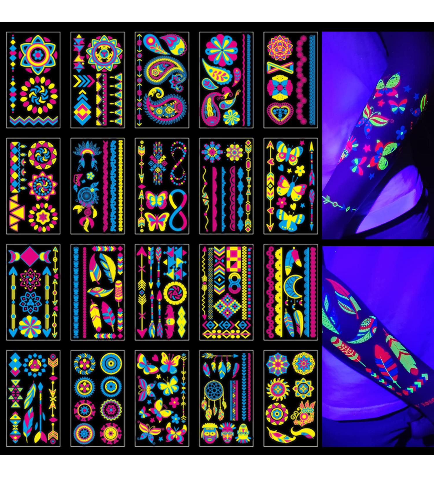 Glow in The Dark Temporary Tattoos - 160+ Styles | Adult Fluorescent UV Neon Body & Face Fake Waterproof Stickers | Rave Festival & Party Supplies - Buy Online on GoSupps.com