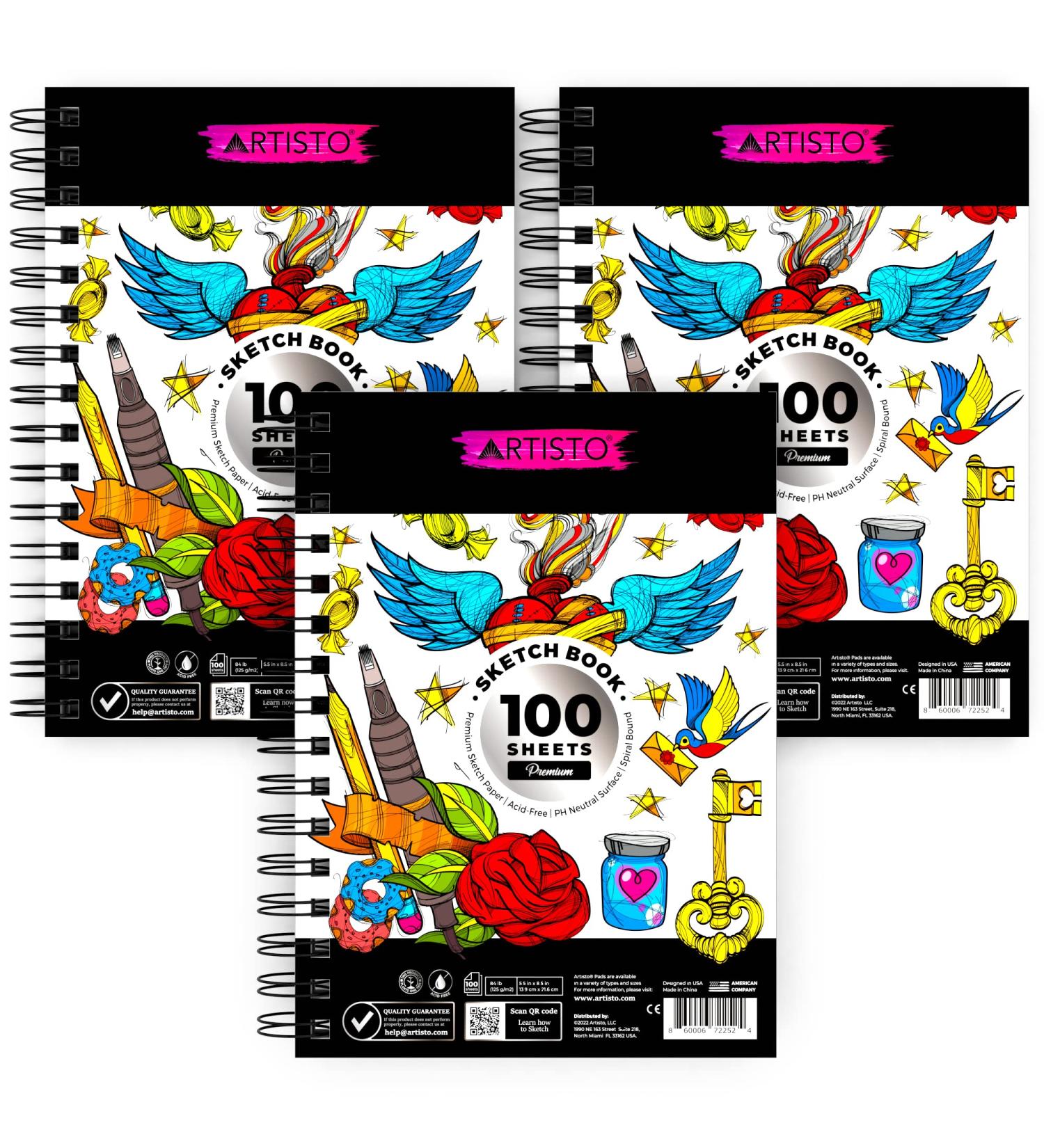 Artisto Premium Sketch Book Set - Pack of 3 (300 Sheets), Spiral Bound 84lb Drawing Paper, Ideal for Kids, Teens & Adults - Buy Online on GoSupps.com