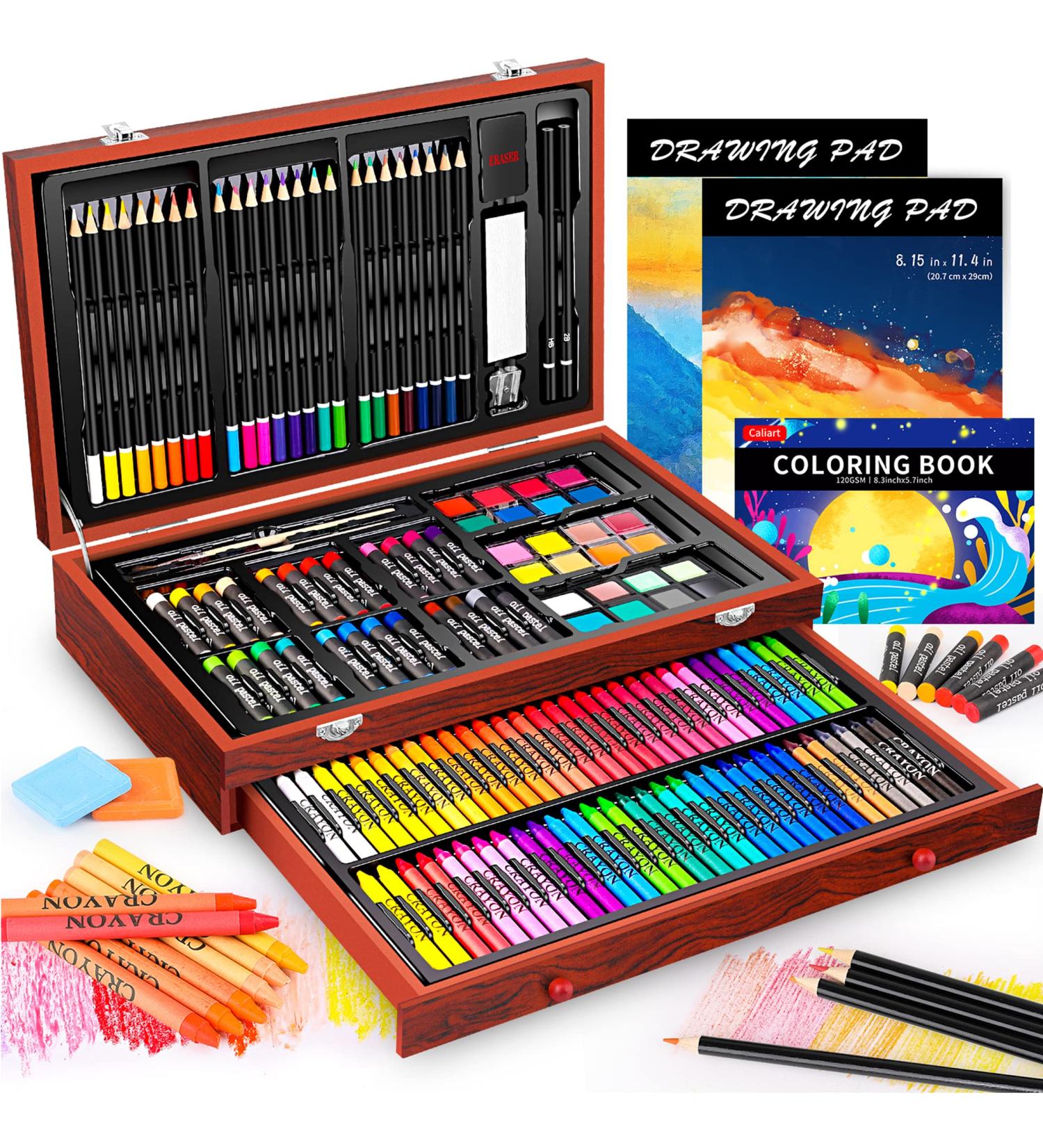 Caliart 153-Pack Deluxe Art Set with Wooden Case and Sketch Pads - Ideal for Drawing, Painting, and Coloring - Creative Gift for Artists, Beginners, Kids - Cherry Color - Buy Online on GoSupps.com