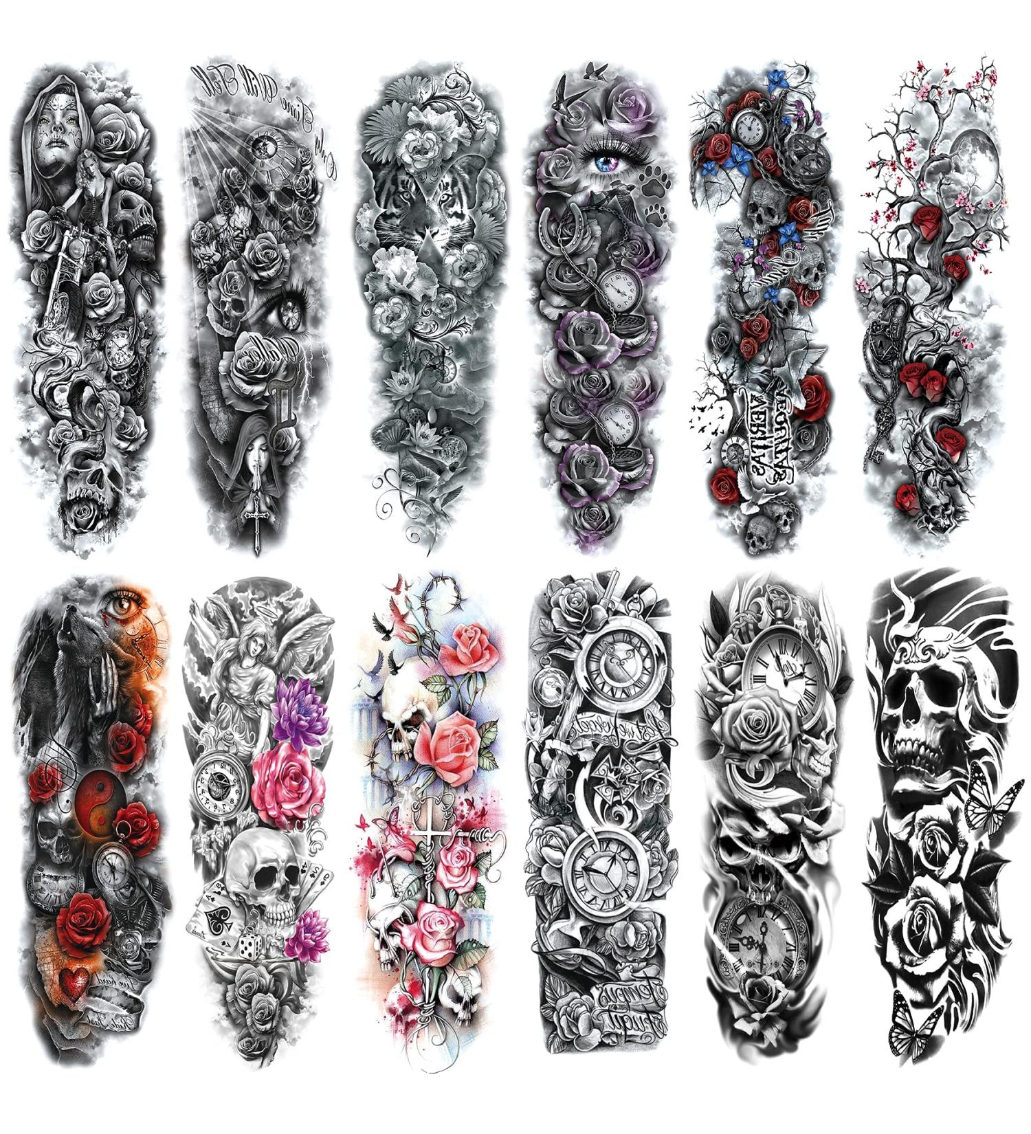 Skull Sleeve Tattoo Stickers, Fake Skull Full Arm Temporary Tattoos Sleeves for Adult Kids Women Makeup, 12-Sheet