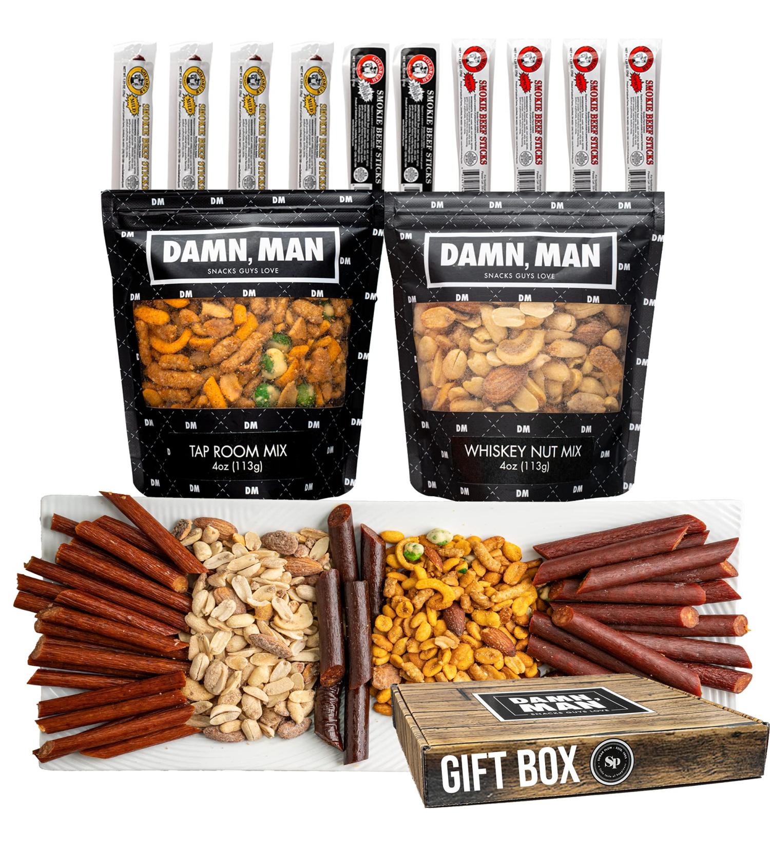Nuts and Beef Jerky Gift Basket for Men - 12 Items Including 10 Beef Sticks and 2 Unique Nut Flavors - Small Batch Gourmet Gift Perfect for Dad - Buy Online on GoSupps.com