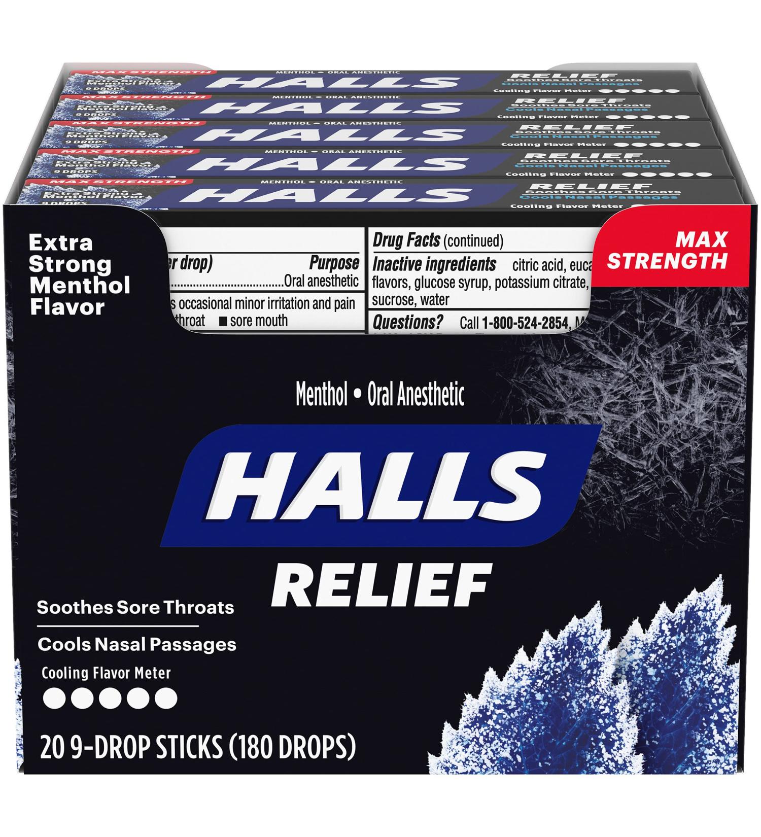 HALLS Relief Max Strength Menthol Throat Drops - 180 Extra Strong Drops (20 Packs) - Buy Online on GoSupps.com