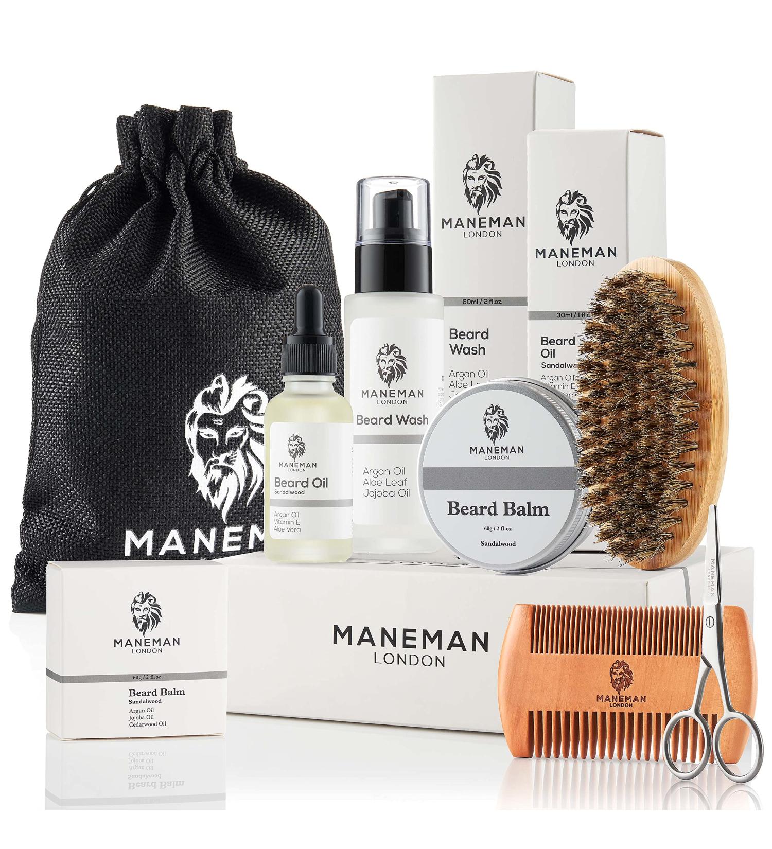 Maneman London Beard Grooming Kit for Men - 7 Piece Gift Set for Softening, Itch-Free Beard Care - Buy Online on GoSupps.com