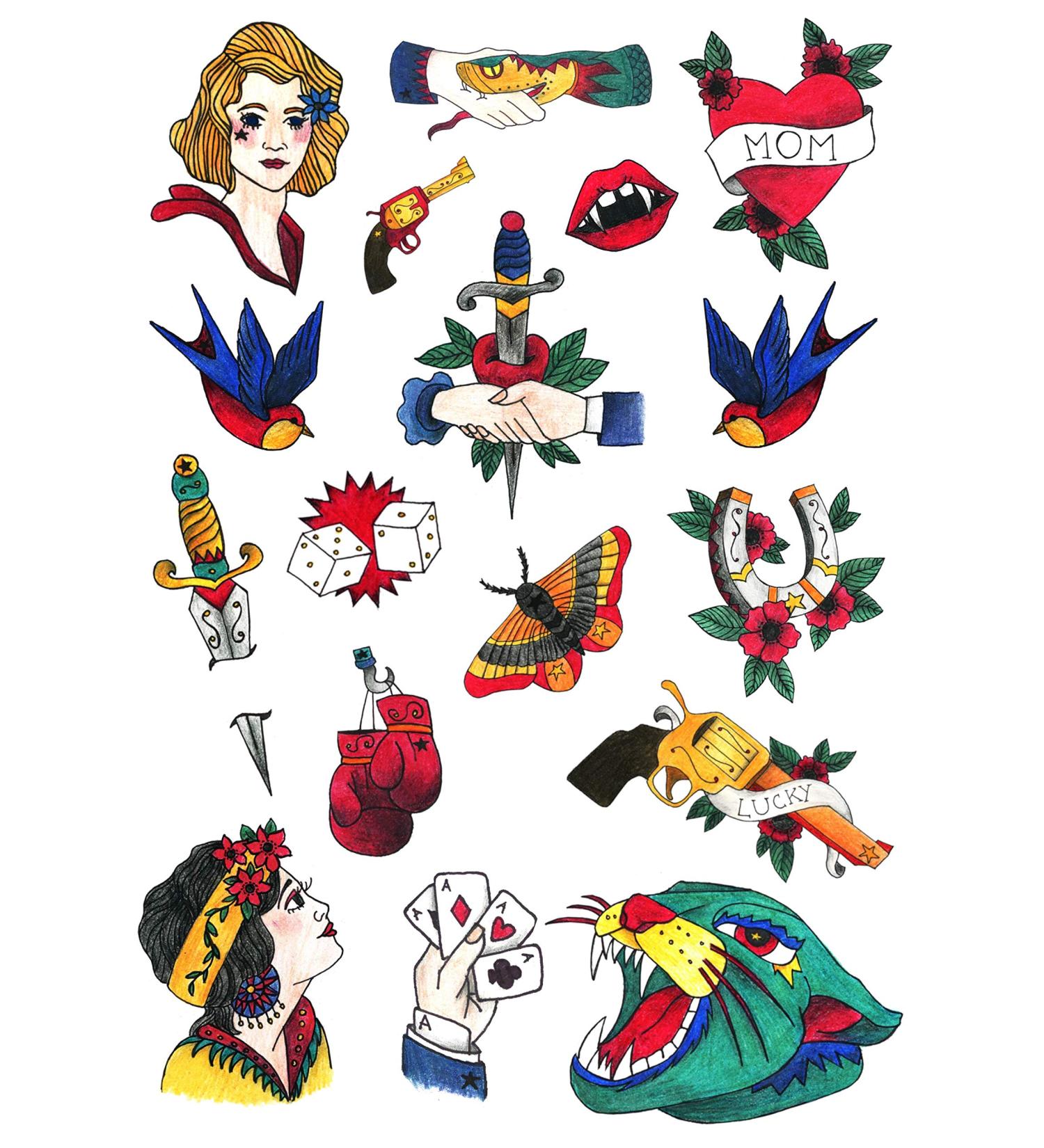 Old School Temporary Tattoo Set by Tatsy - Vintage Party Fun Fake Tattoos for Men and Women - Buy Online on GoSupps.com