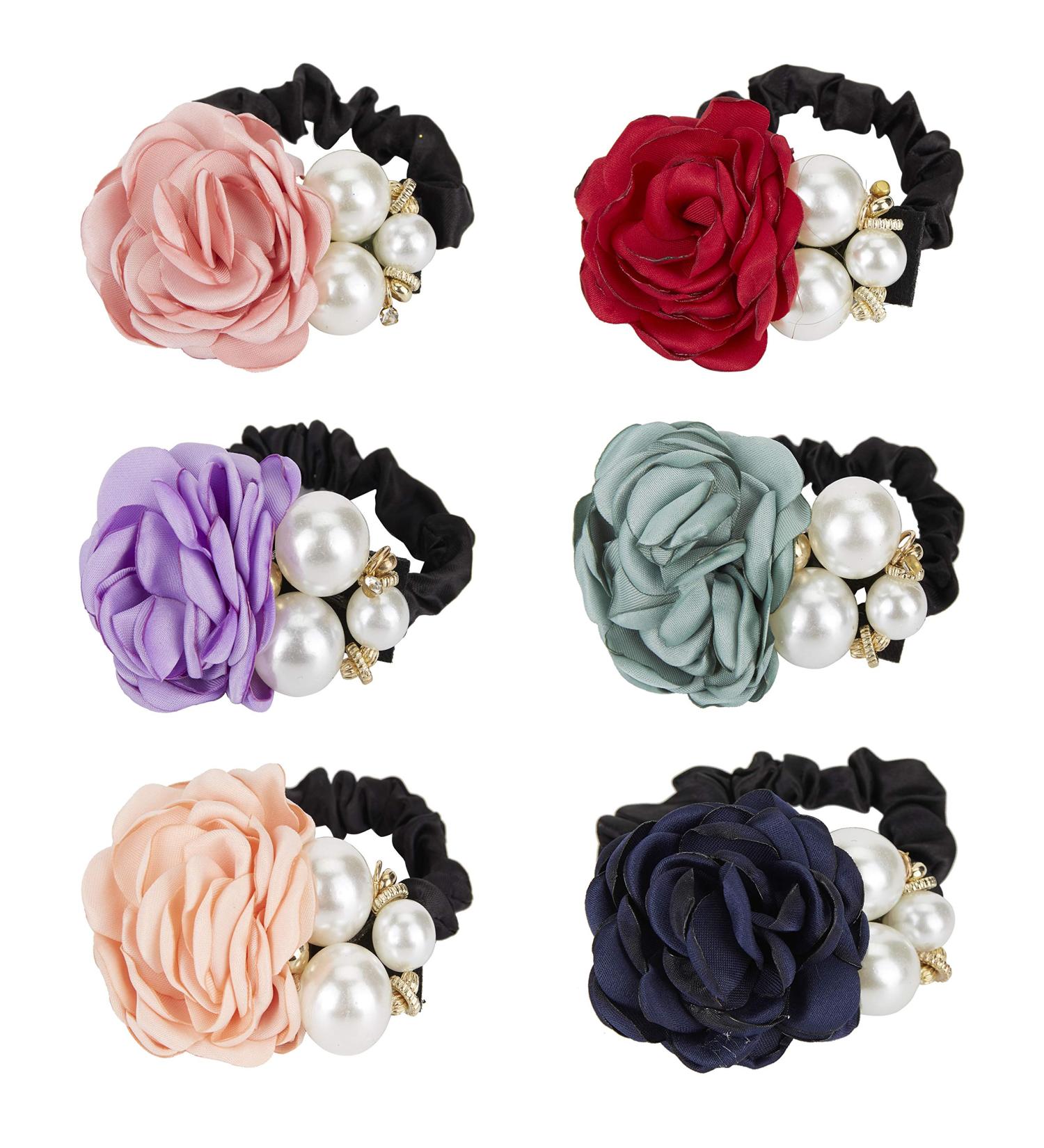 Colorful Pearl Strass Rose Flower Hair Bands - 6 Slim Floral Rubber Bubble Scrunchies for Women & Girls - Stretchable Ponytail Accessories - Buy Online on GoSupps.com