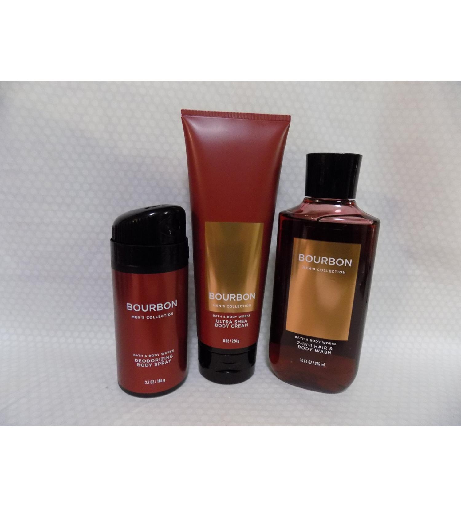 Bath and Body Works Bourbon - Three Piece Men's Collection 8 oz Body Cream 3.7 oz Deodorizing Body Spray 10 oz 2-IN-1 Hair and Body Wash