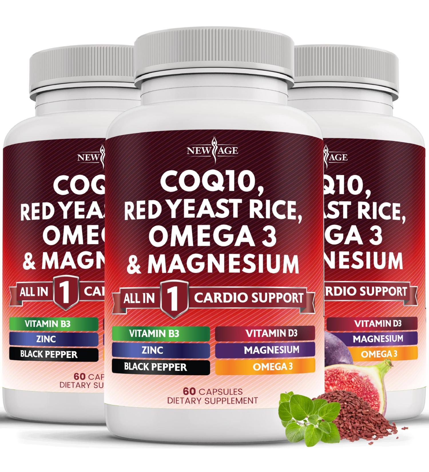 NEW AGE COQ10 200mg Red Yeast Rice Omega 3-6-9 Magnesium Complex Zinc Vitamin K2 D3 - Support Vitamins for Women and Men with Vitamin B3 Coenzyme Q10-180 Count 180 Capsules (Pack of 3) - Buy Online on GoSupps.com