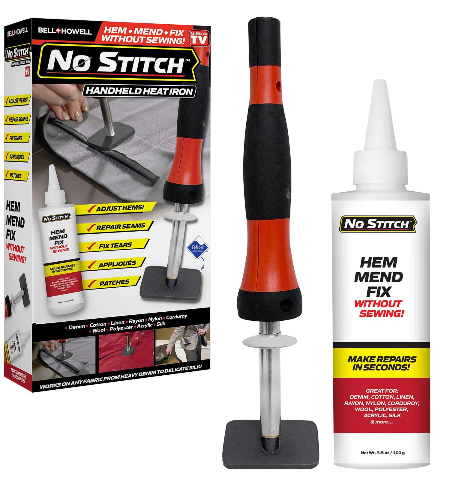 No Stitch Instant Mend Stitchless Repair Kit - Fabric Adhesive for Torn Clothing - 3.5 Oz Glue Bottle - Includes Pressing Iron - As Seen On TV - Buy Online on GoSupps.com