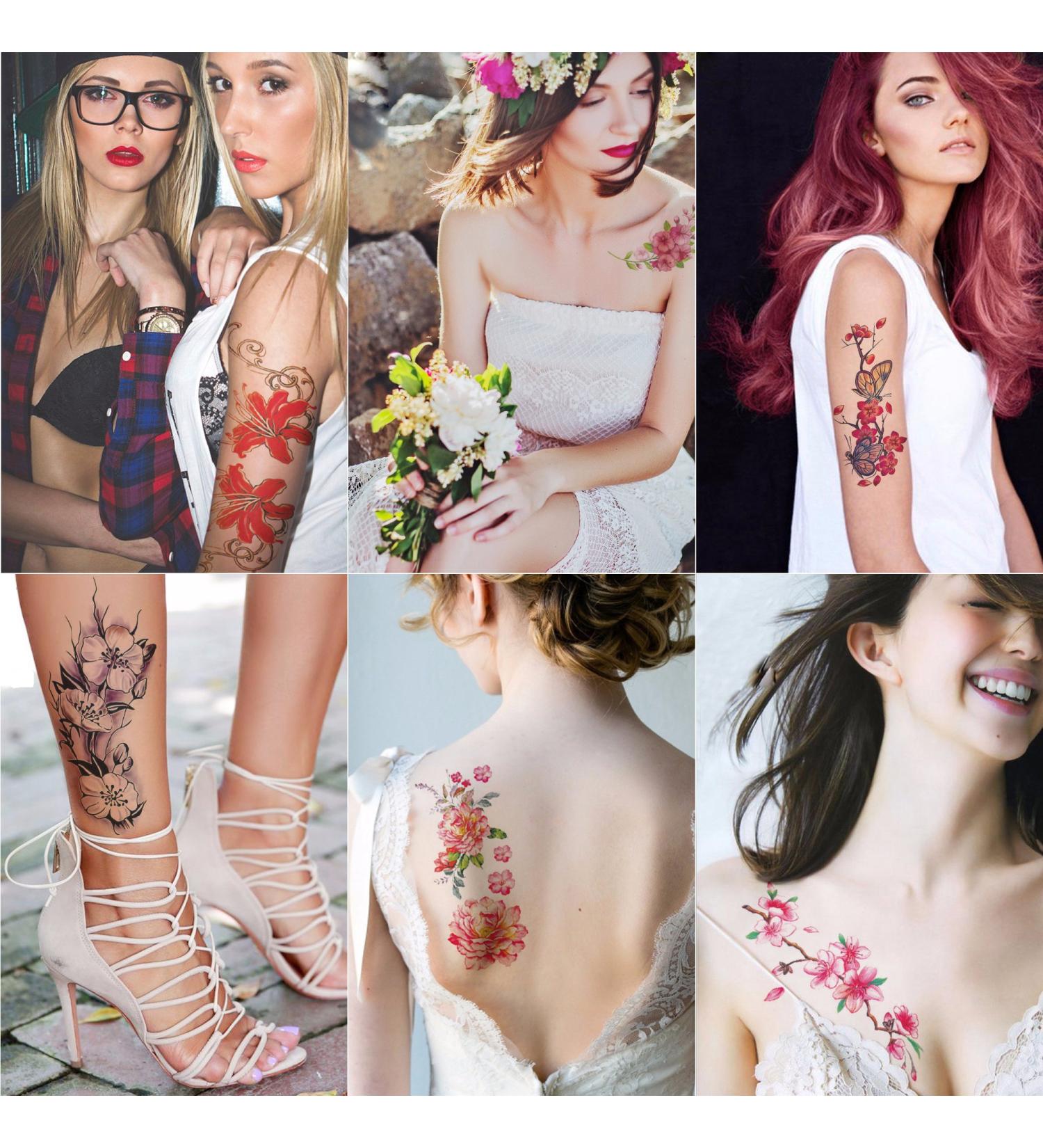 Large Temporary Flower Tattoos for Women - Lily, Peach, Plum, Peony Designs | 6 Sheets - Buy Online on GoSupps.com