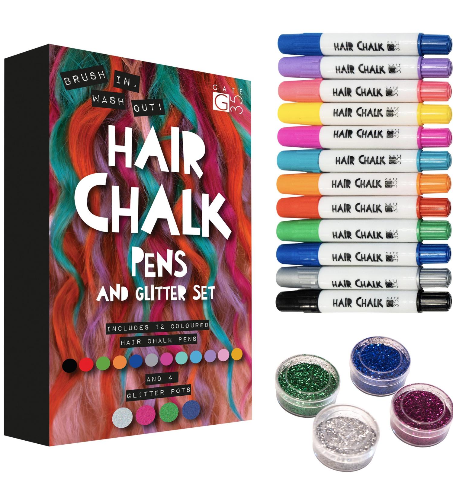 Deluxe Haircover Pins & Glitter Set - 12 Chalk & 4 Glitter Colored Pencils | Perfect Rainbow Birthday Gift for Girls - International Shipping Available - Buy Online on GoSupps.com