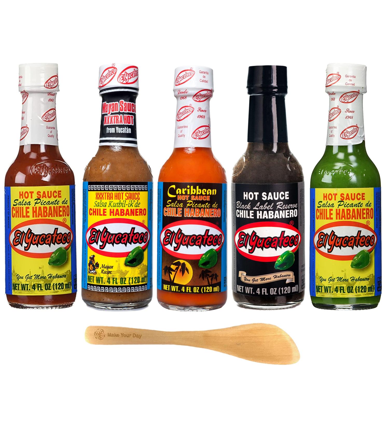 El Yucateco Chile Habanero Hot Sauce 5-Pack (4 oz each) - XXXtra Hot Variety Set with Red, Caribbean, Black Label Reserve, and Green Habanero - Packed in MYD Box with Spreader - Buy Online on GoSupps.com