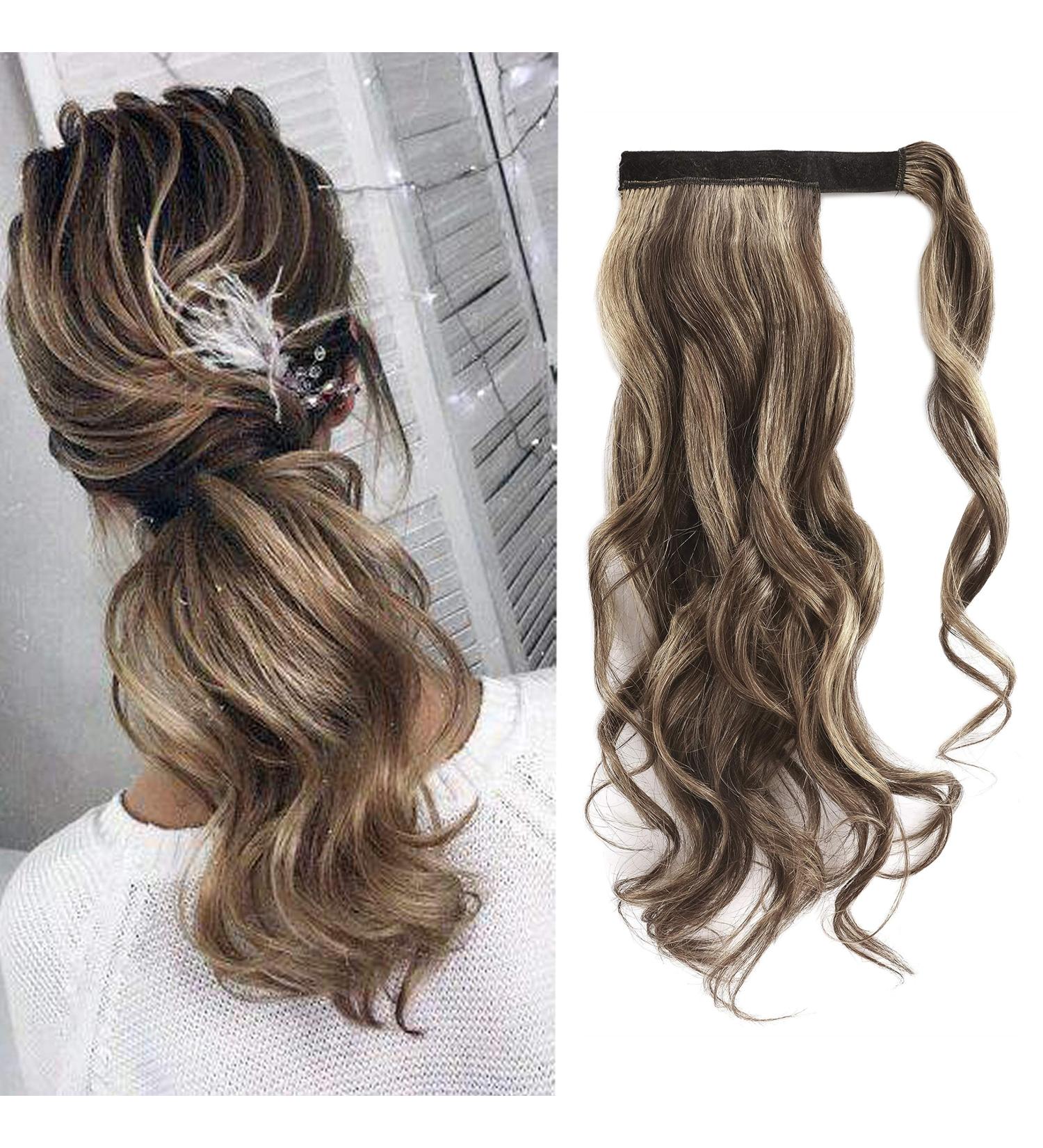 18" SEGO Ponytail Extension Human Hair 100% Real Remy Curly Wavy #4/27 Medium Brown&Dark Blonde Wrap Around One Piece Clip in Hairpieces for Women Body Wave (90g) - Buy Online on GoSupps.com