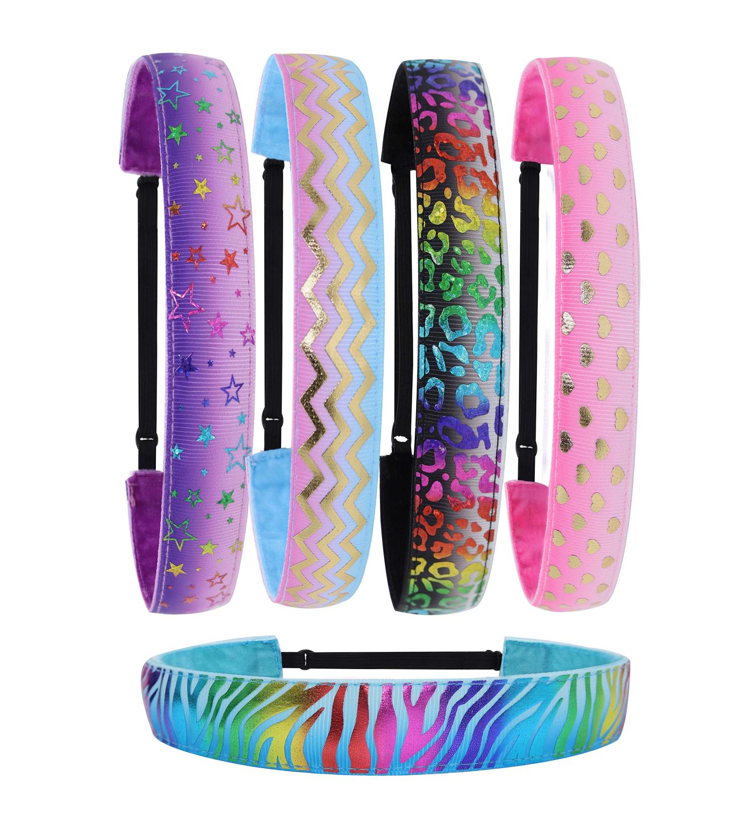 FROG SAC 5 Metallic Non Slip Headbands for Girls - Cute Adjustable Hair Accessories for Kids - Stars Zebra Cheetah Hearts Waves - Fashion Head Bands - Buy Online on GoSupps.com