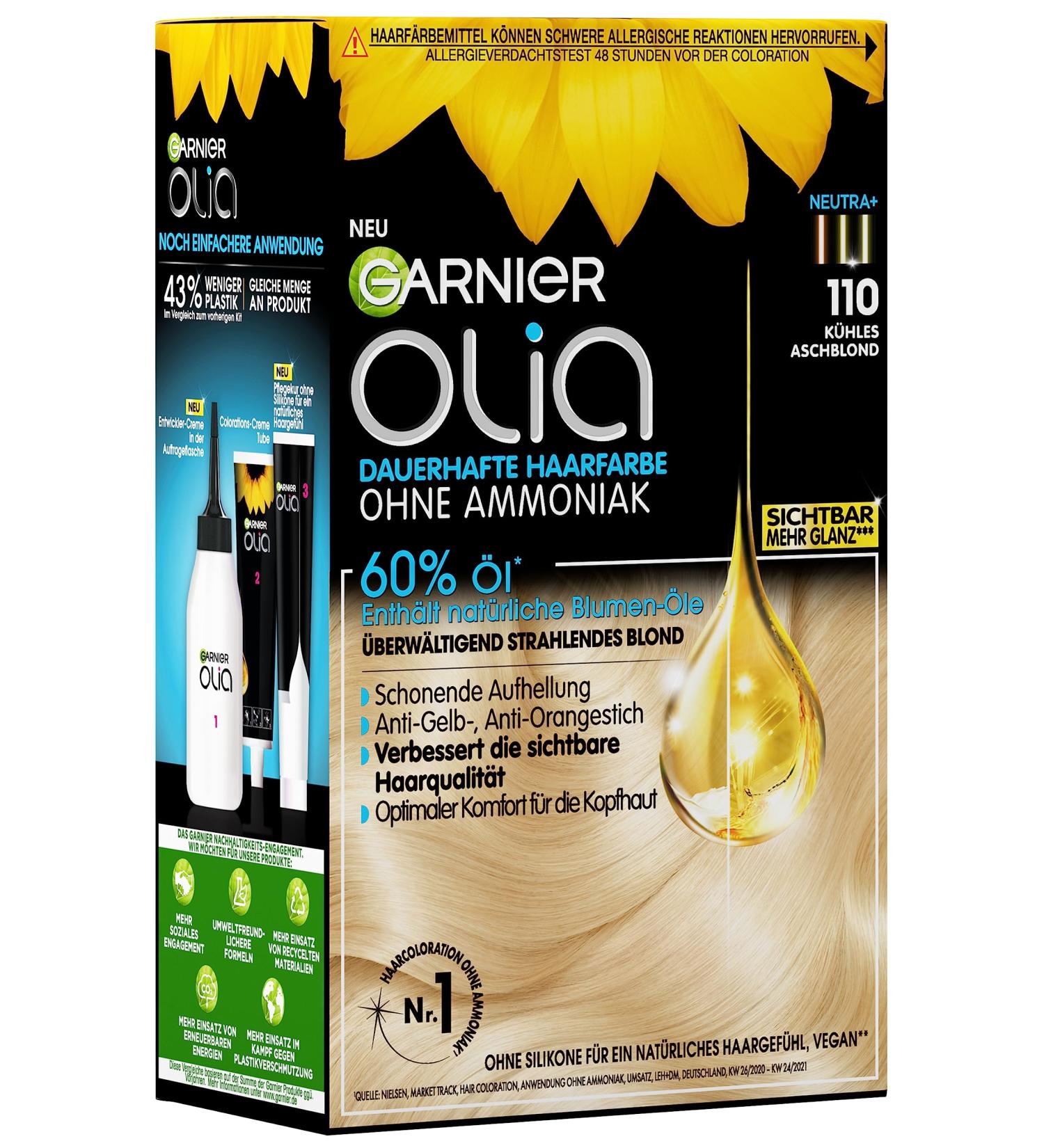 Garnier Olia 110 Cool Ash Blond Permanent Hair Color - Ammonia-Free Nourishing Natural Oils Complete Gray Coverage - 1 Piece - Buy Online on GoSupps.com