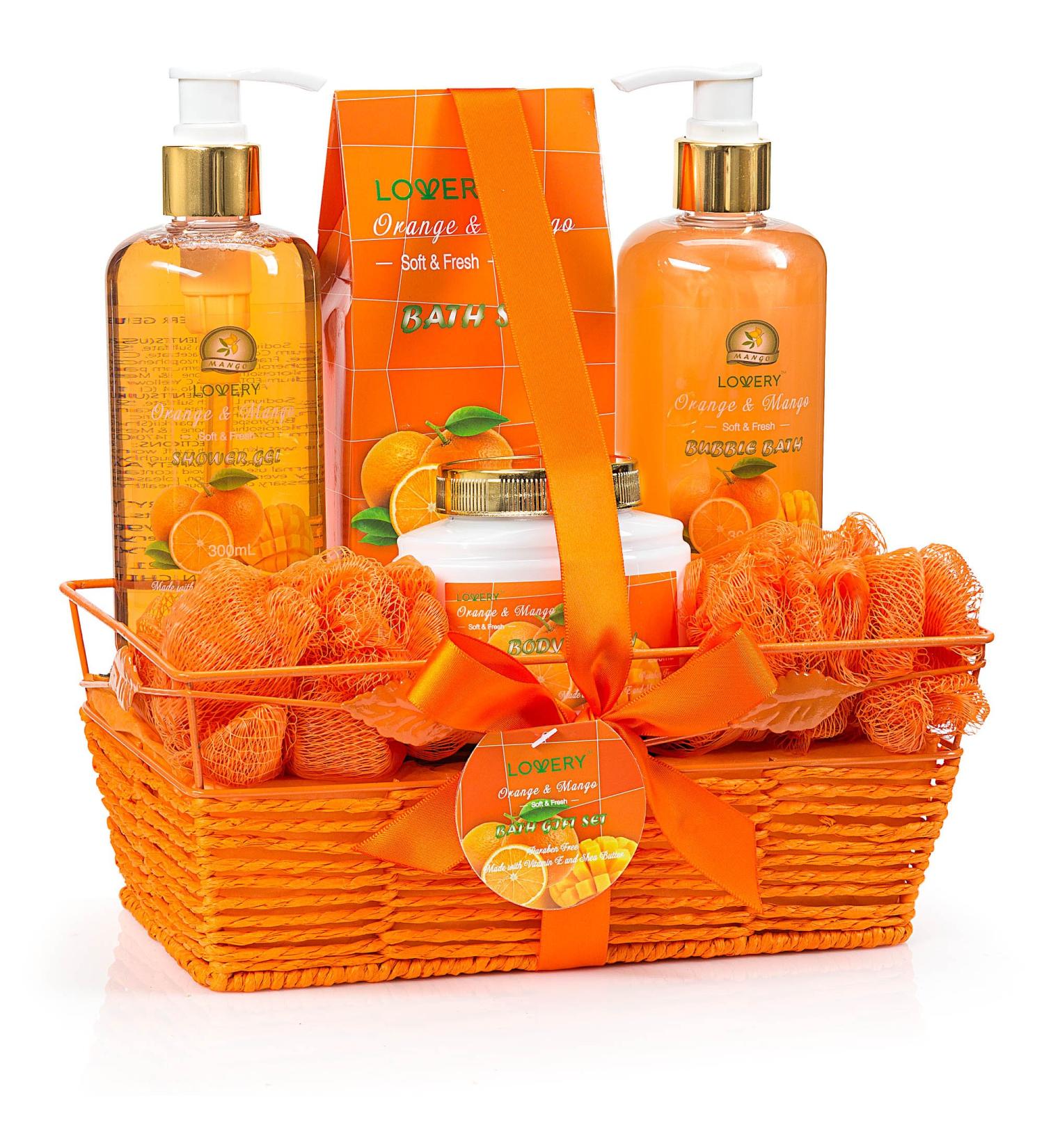 Home Spa Gift Basket - 7pc Orange & Mango Bath & Body Set for Men & Women | Shower Gel Bubble Bath Lotion & More - Buy Online on GoSupps.com