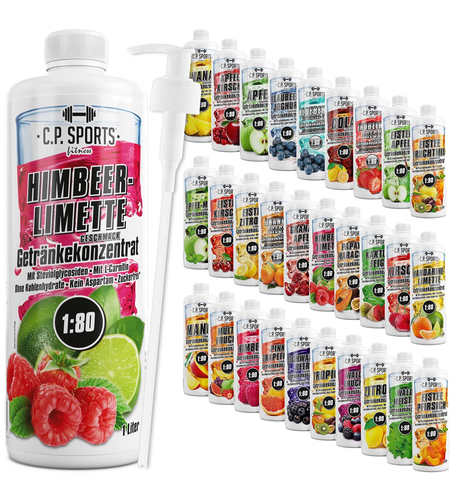 C.P. Sports Sugar-Free Beverage Syrup - Raspberry Lime with Vitamins | 1L Concentrate for Sports Drink + Pump Dispenser - Buy Online on GoSupps.com