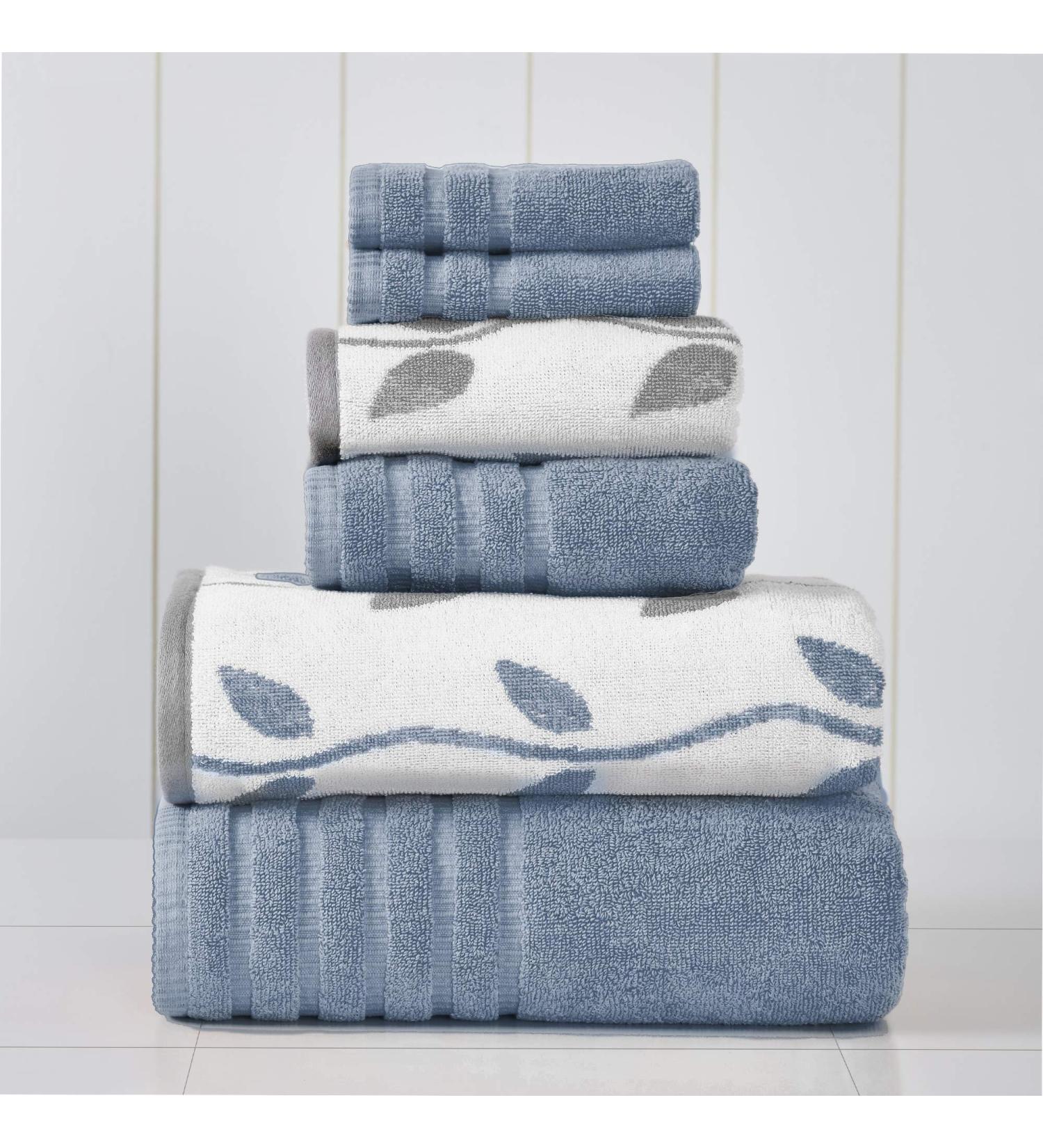 Amrapur Overseas 6-Piece Organic Vines Jacquard/Solid Ultra Soft 100% Combed Cotton Towel Set - Blue - Buy Online on GoSupps.com