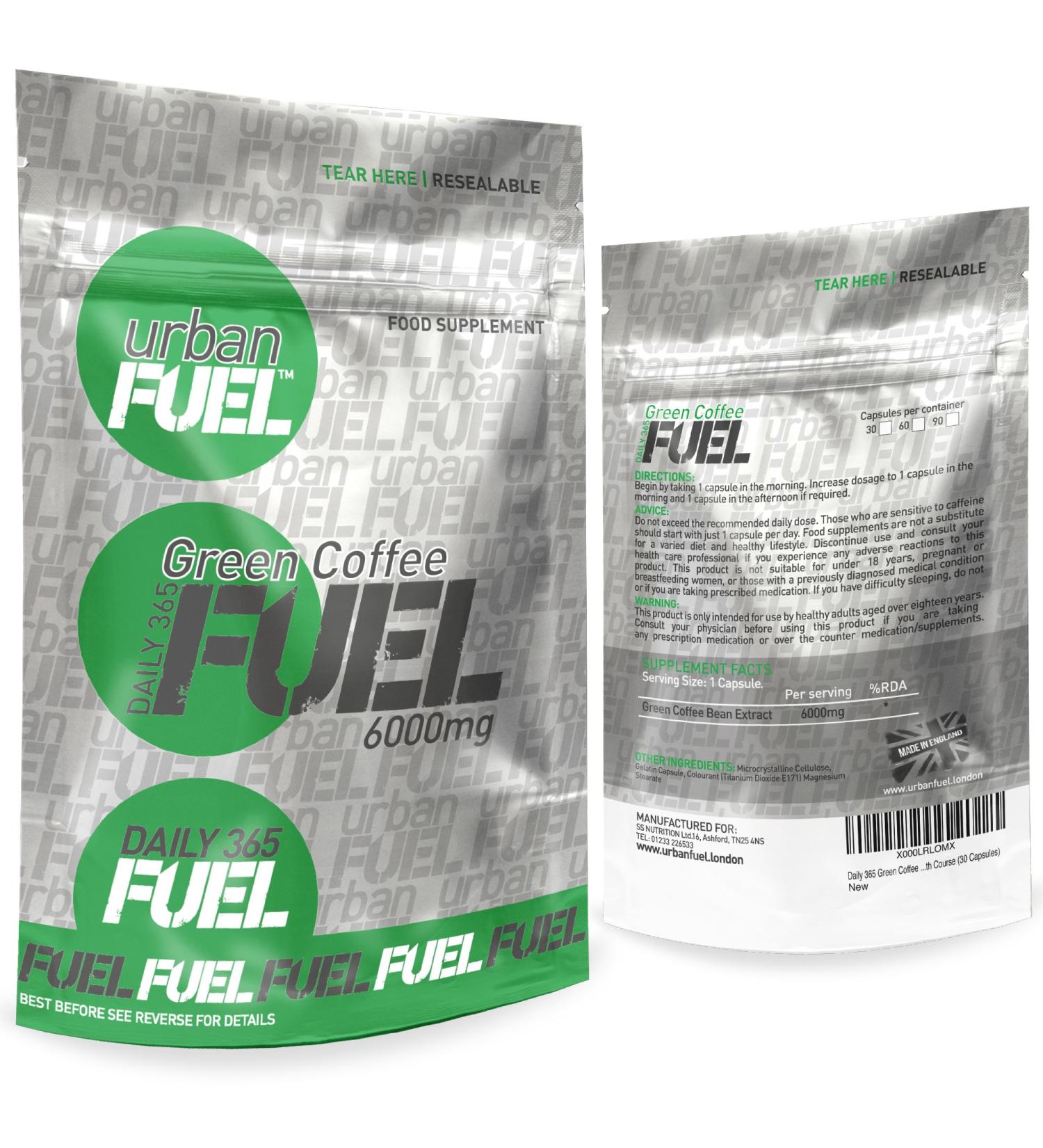 Urban Fuel Active Green Coffee Max Strength 6000mg - Pure Green Coffee Bean Extract with Premium GCA - Natural Food Supplement (60 Capsules) - Buy Online on GoSupps.com