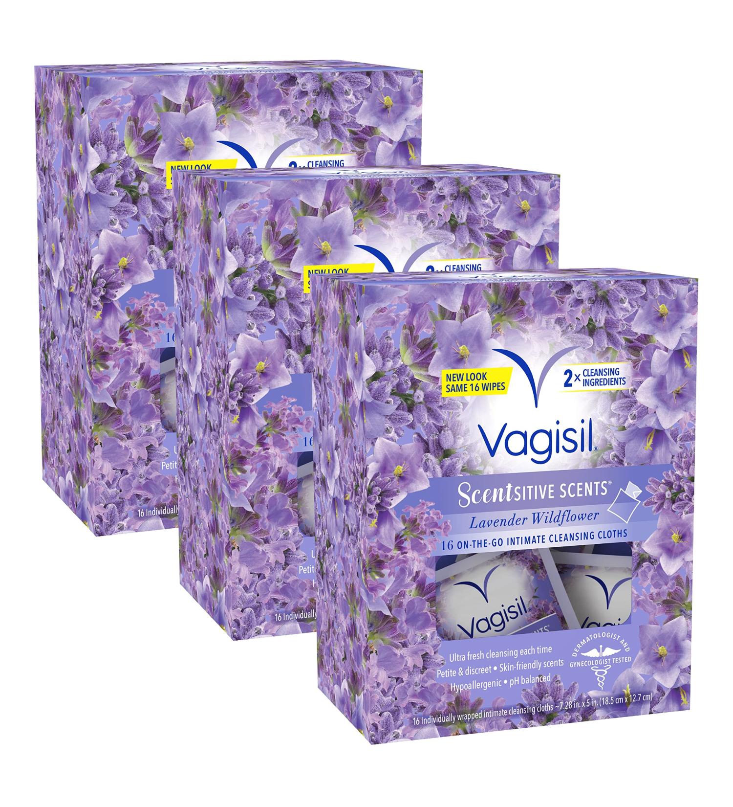 Vagisil Scentsitive Scents On-The-Go Feminine Cleansing Wipes - Lavender Wildflower | pH Balanced - 16 Count x 3 Pack - Buy Online on GoSupps.com