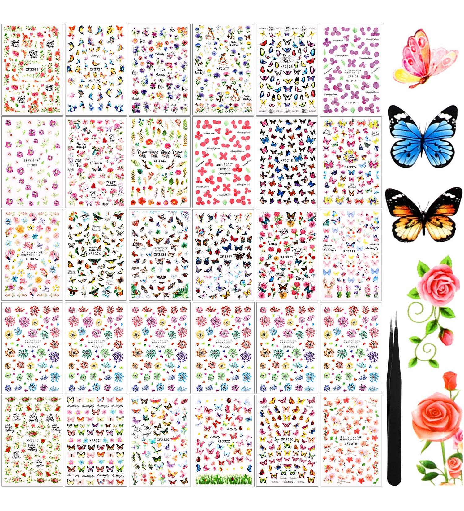 Colorful Butterfly Nail Stickers - 30 Styles | Adhesive Nail Design Decals for Women & Girls | DIY Nail Decoration Kit with Tweezers | 2500+ Pieces - Buy Online on GoSupps.com