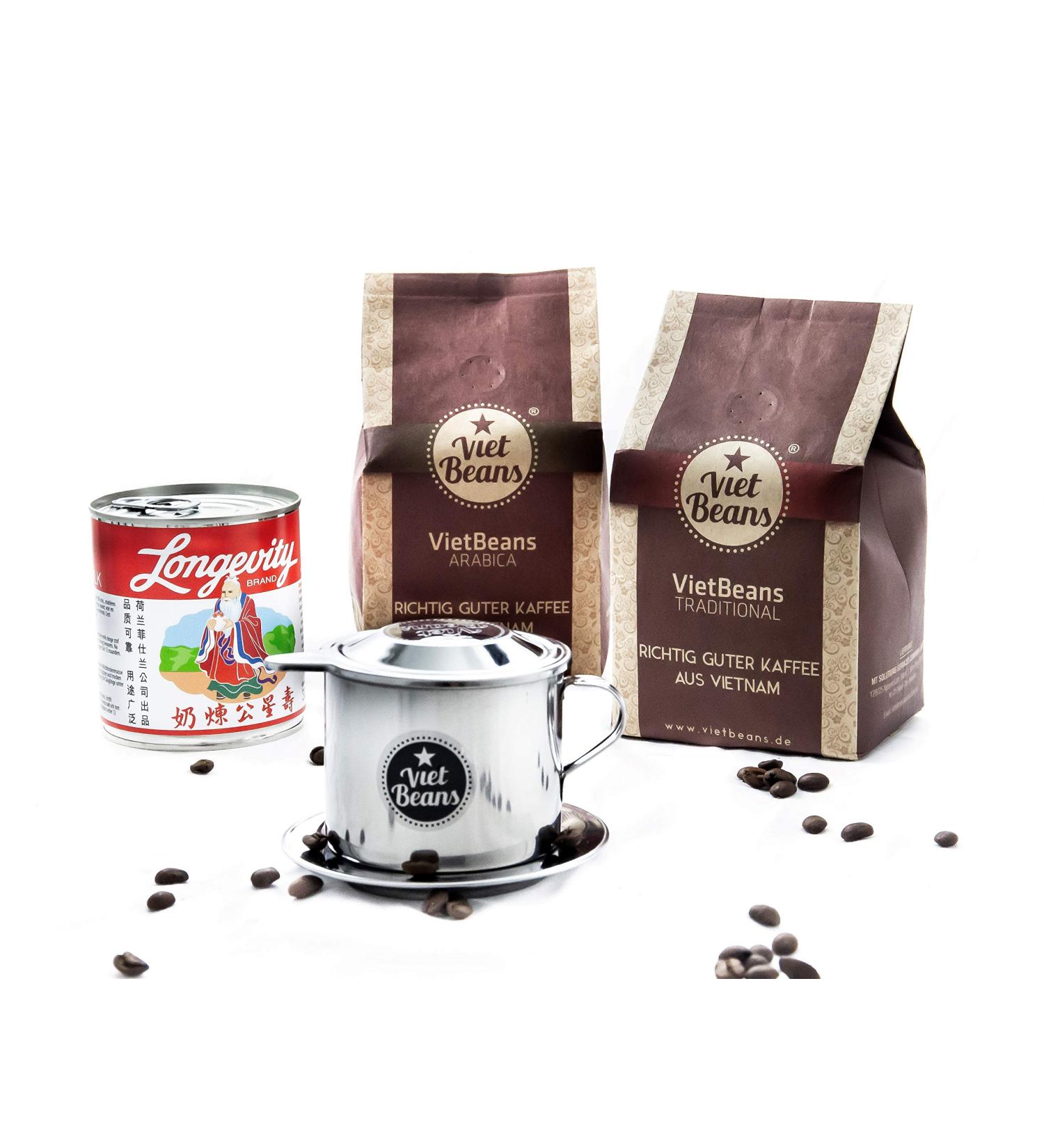 Vietnamese Coffee Starter Set | Vietbeans 2 x 250g + Phin Filter + Condensed Milk | Authentic High-Quality Vietnamese Coffee - Buy Online on GoSupps.com