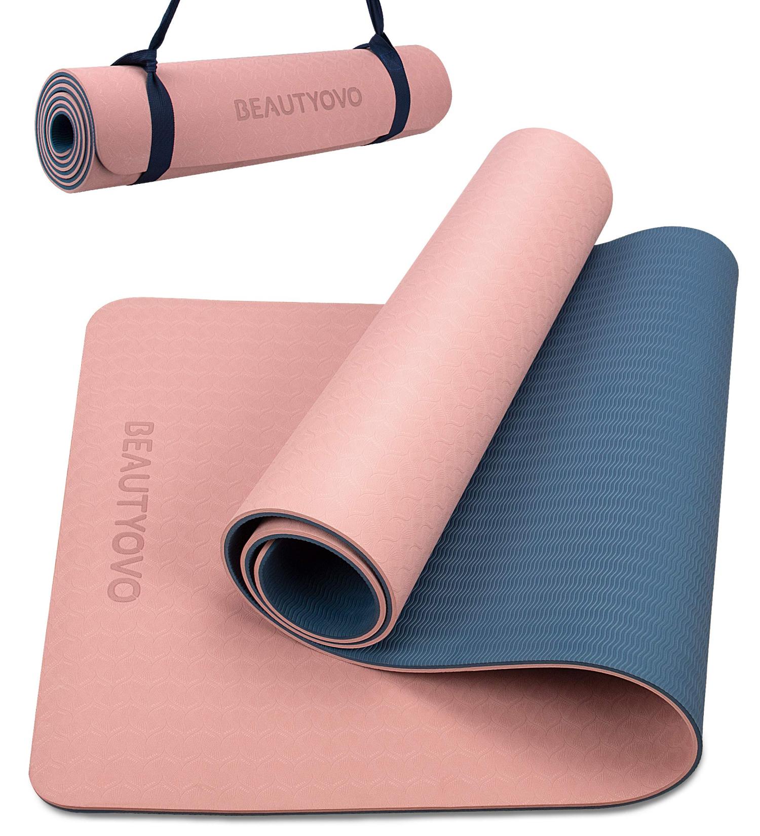 Extra Thick Yoga Mat with Strap | Non Slip TPE Mat for Pilates & Floor Exercises - Cherry Pink & Navy Blue - Buy Online on GoSupps.com