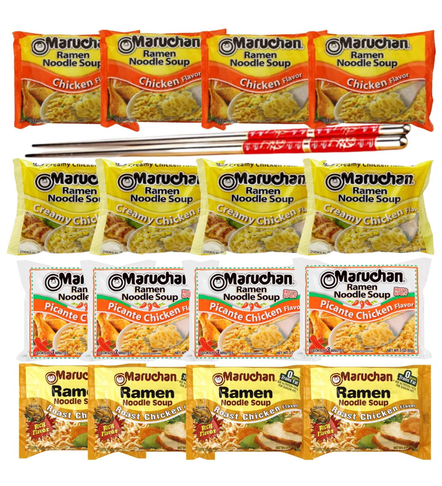 Ja Cor Instant Ramen Noodles Soup Variety Pack (4) Chicken (4) Creamy Chicken (4) Roast Chicken (4) Picante Chicken Flavor 3 oz Bundle with 1-Set Reusable Stainless Steel Chopsticks(Pack of 16) - Buy Online on GoSupps.com
