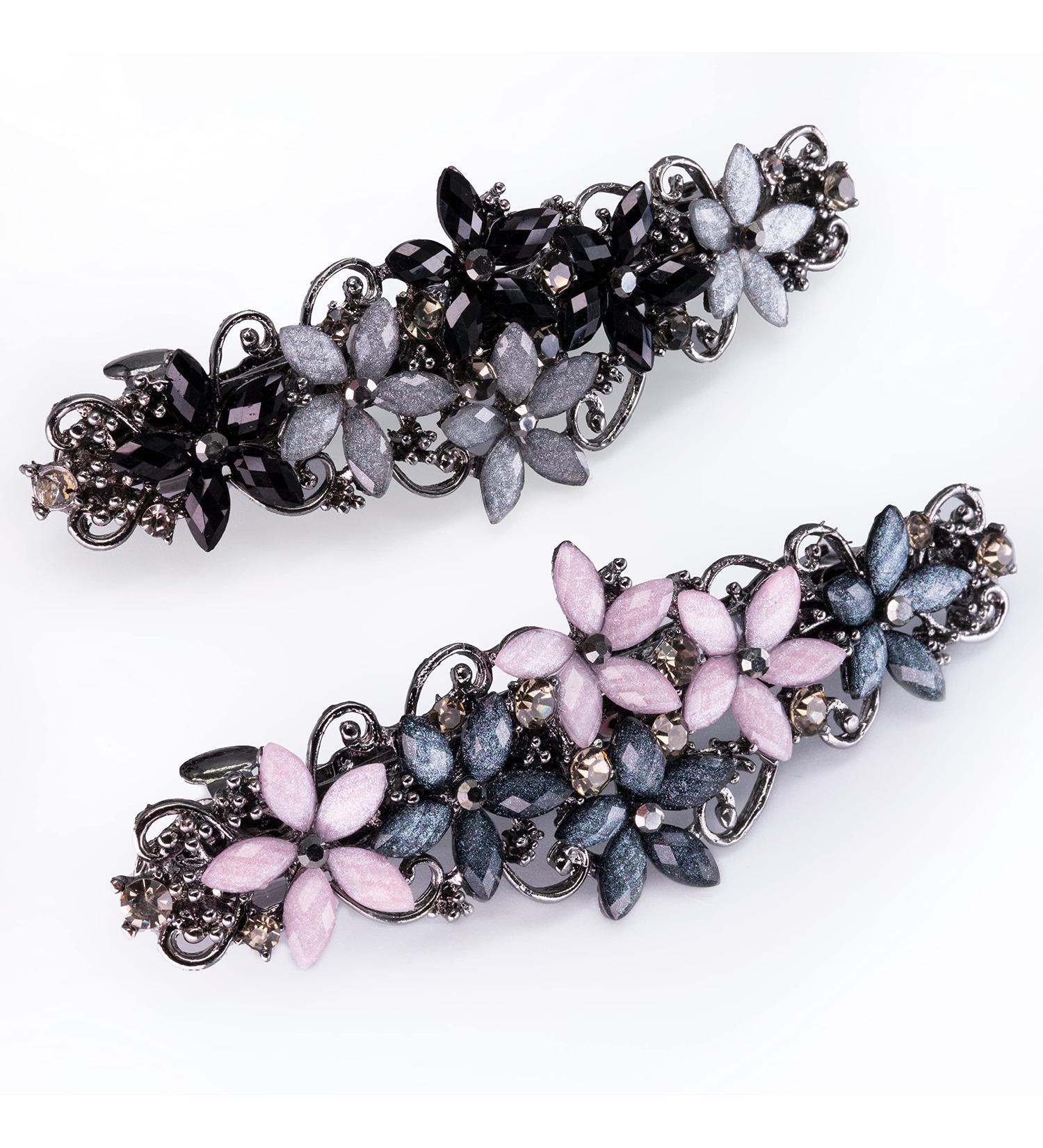 Elegant Hair Clips for Women & Girls | Sparkling Glitter Rhinestones & Flower Wreath Hairpins - Fashion Hair Jewelry in Black & Gray/Pink & Dark Blue - Buy Online on GoSupps.com