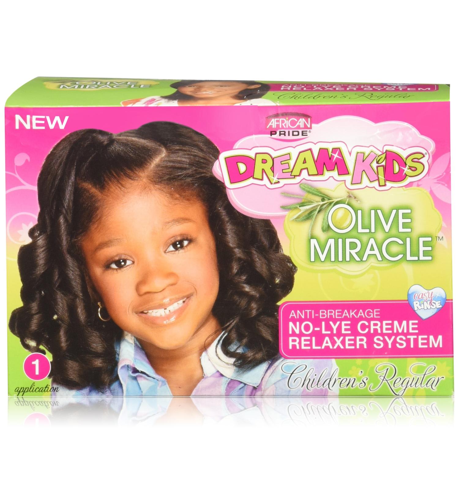 African Pride Dream Kids Olive Miracle Relaxer Regular - Contains Olive Oil, Helps Strengthen & Protect Hair, 1 Kit