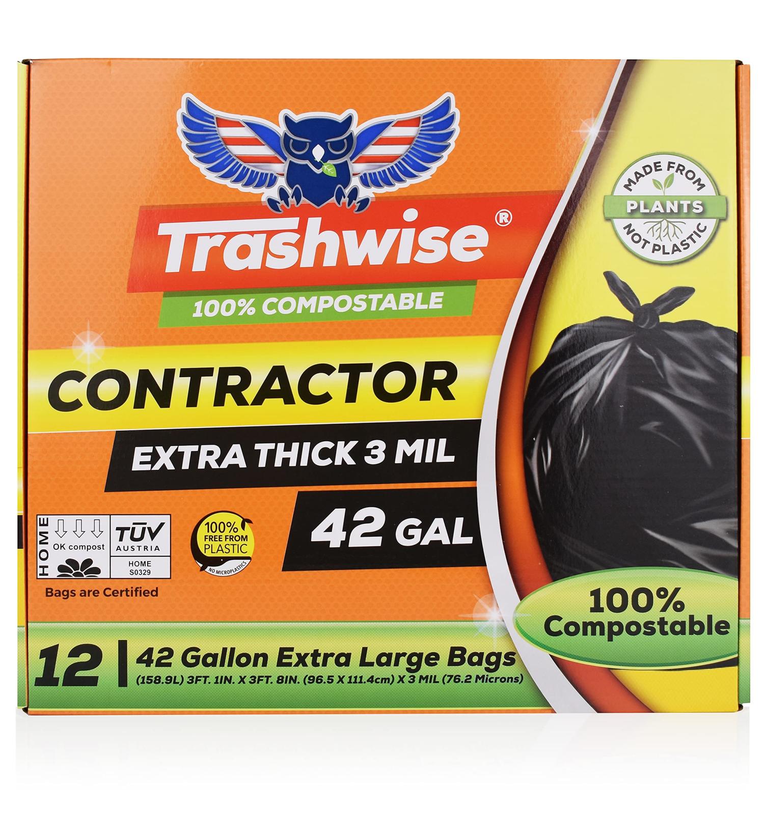 TRASHWISE 42 Gallon 100% Compostable Trash Bags Heavy Duty 3mils - Large Contractor Bags - Eco-Friendly Garbage Bags - Certified OK to Compost - 12 Count - Buy Online on GoSupps.com