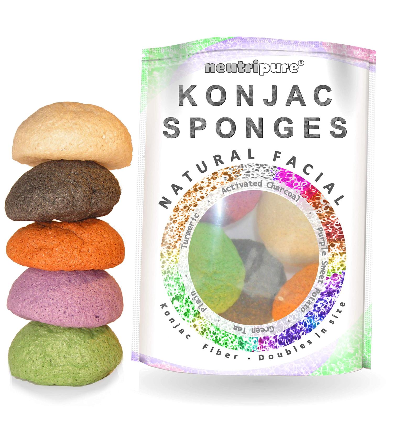 Organic Konjac Sponge Set for Natural Exfoliation and Deep Pore Cleansing - 5 Piece Sampler Pack with Charcoal, Turmeric, Green Tea - Buy Online on GoSupps.com