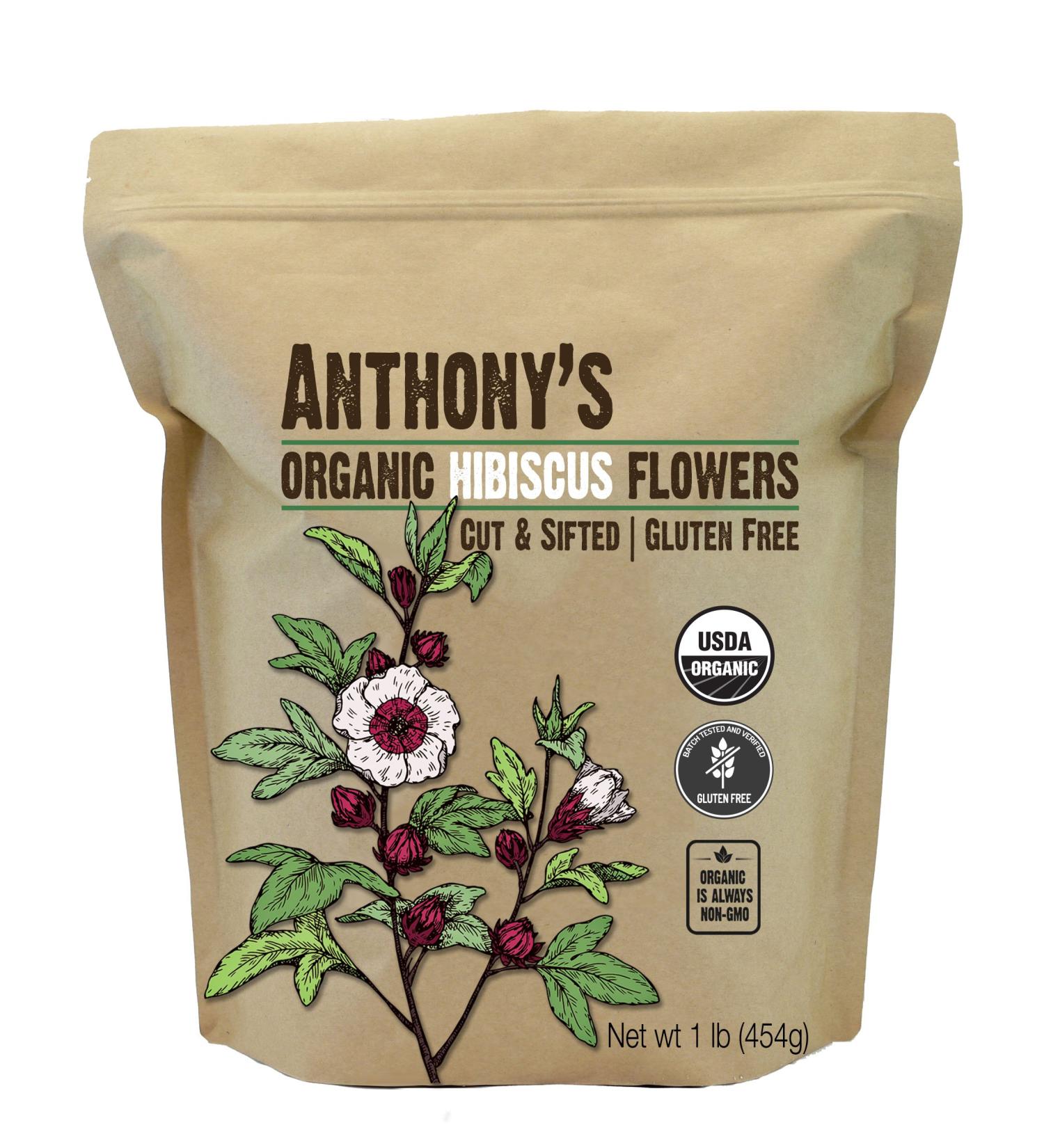 Anthony's Organic Hibiscus Flowers 1 lb - Gluten Free, Non GMO, Keto Friendly | Cut & Sifted, Non Irradiated - 1 Pound Pack - Buy Online on GoSupps.com