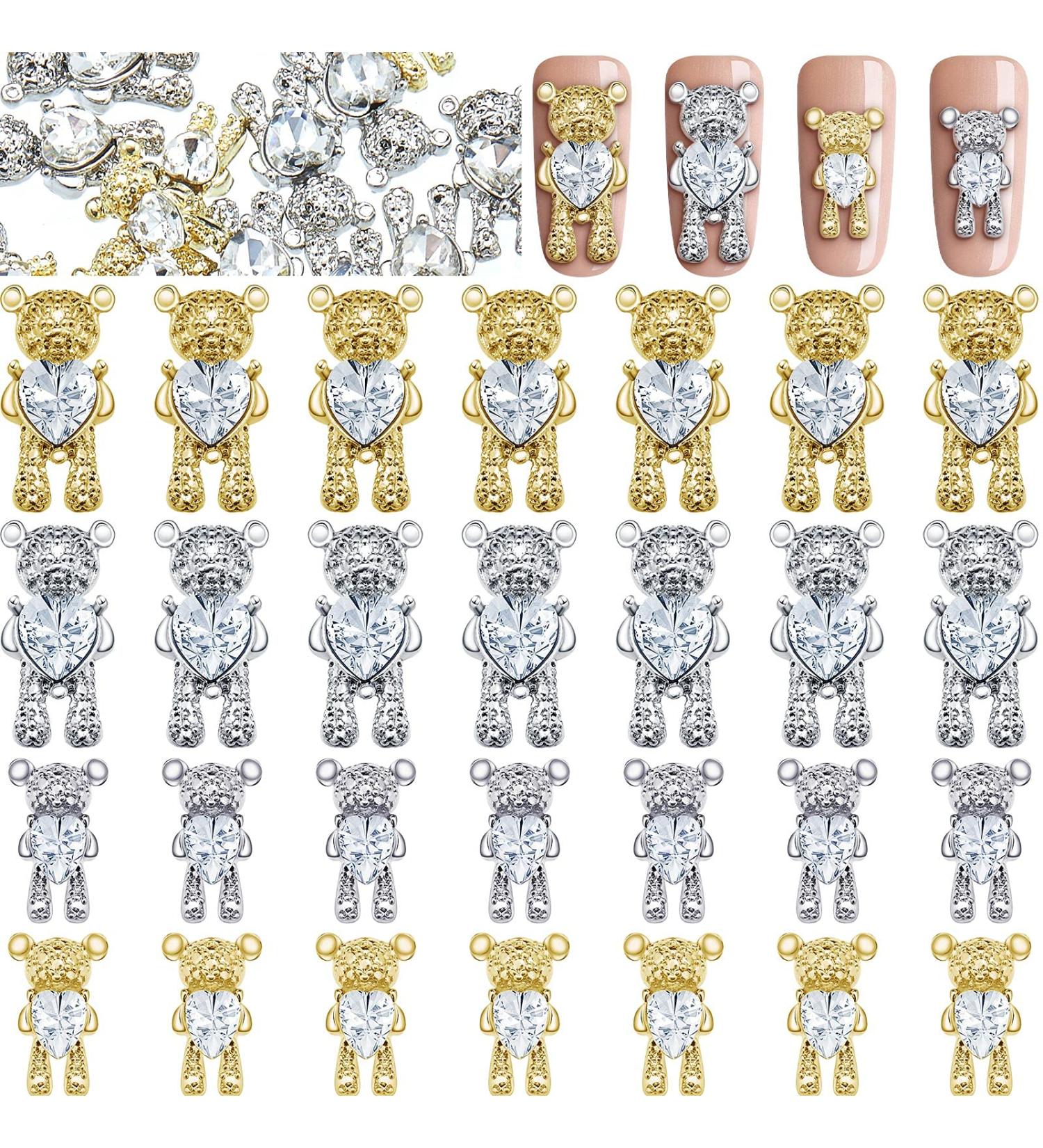 50 Pieces 3D Bear Nail Art Decoration Charms - Crystal Rhinestones for DIY Nail Design - Gold and Silver Options - Buy Online on GoSupps.com
