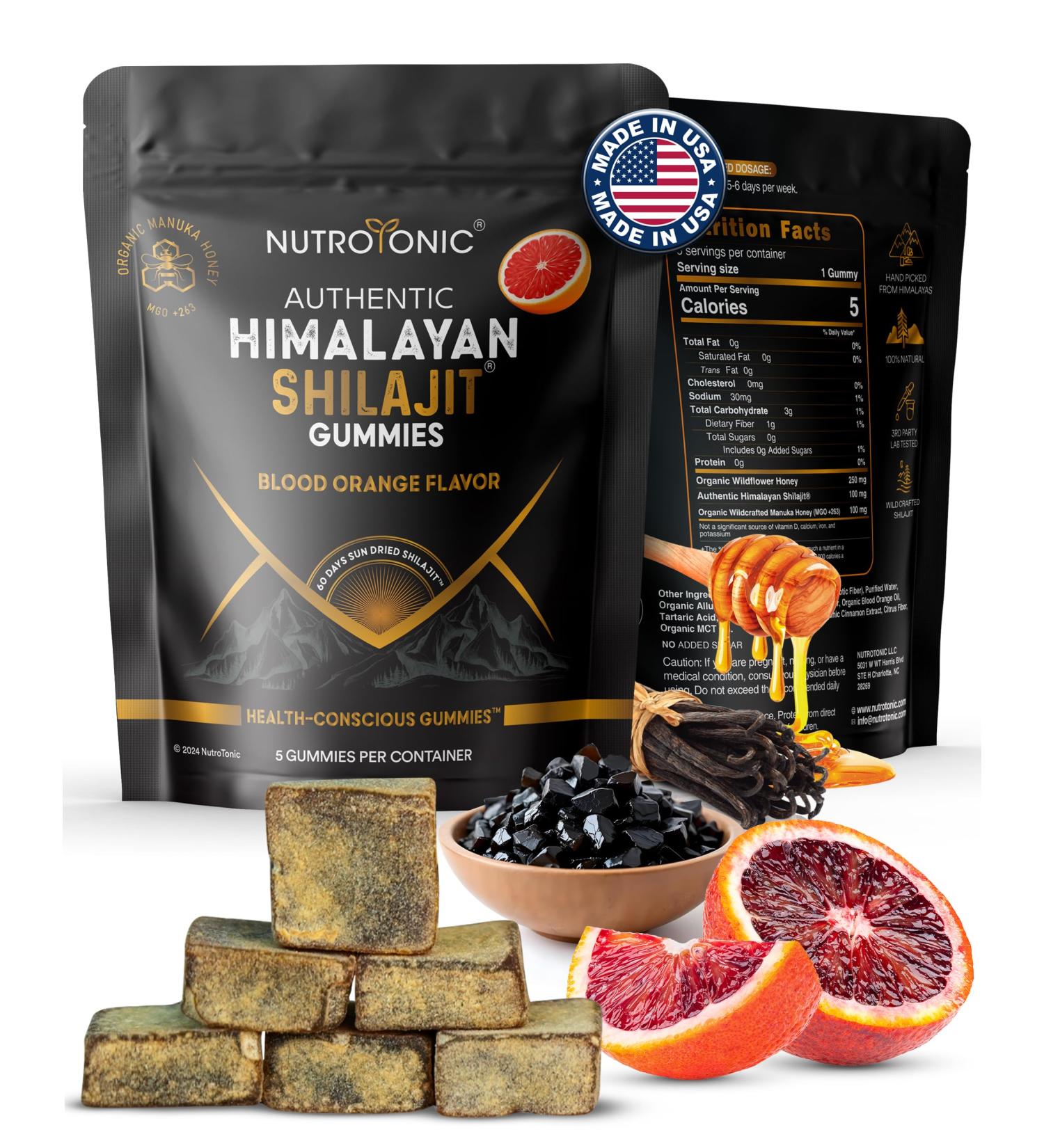 NutroTonic Authentic Himalayan Shilajit Gummies Himalayan Shilajit, No Added Sugar, Manuka Honey, Organic Blood Orange Flavor Hormonal Balance & Energy Trial Pack of 5 Gummies - Buy Online on GoSupps.com