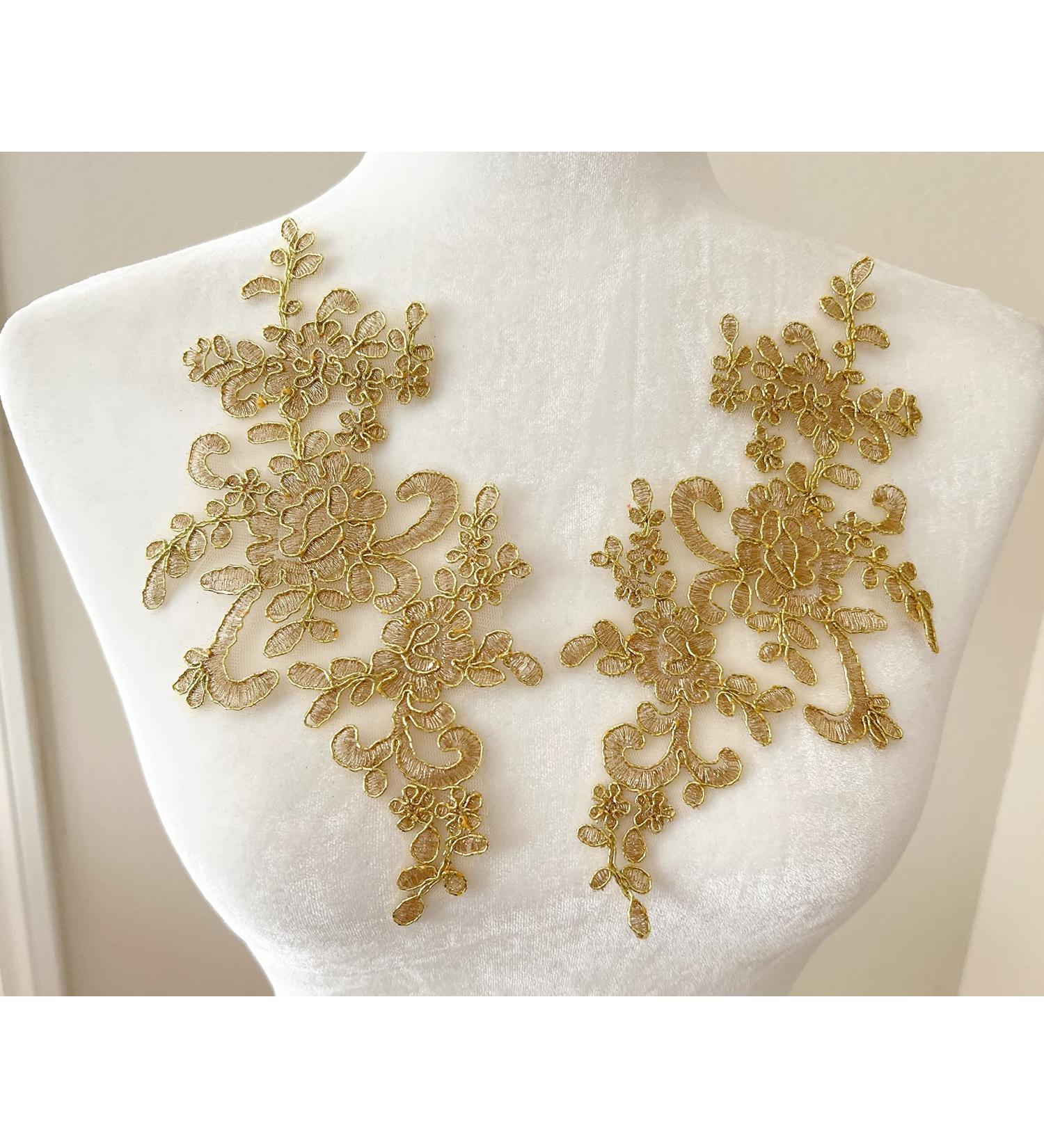 PEPPERLONELY 1 Pair Bridal Lace Flower Sew on Embroidered Lace Applique Wedding Dress Bride's Headdress Adornment DIY Patch Clothing Accessories  22 x 10cm  Gold 20. Gold