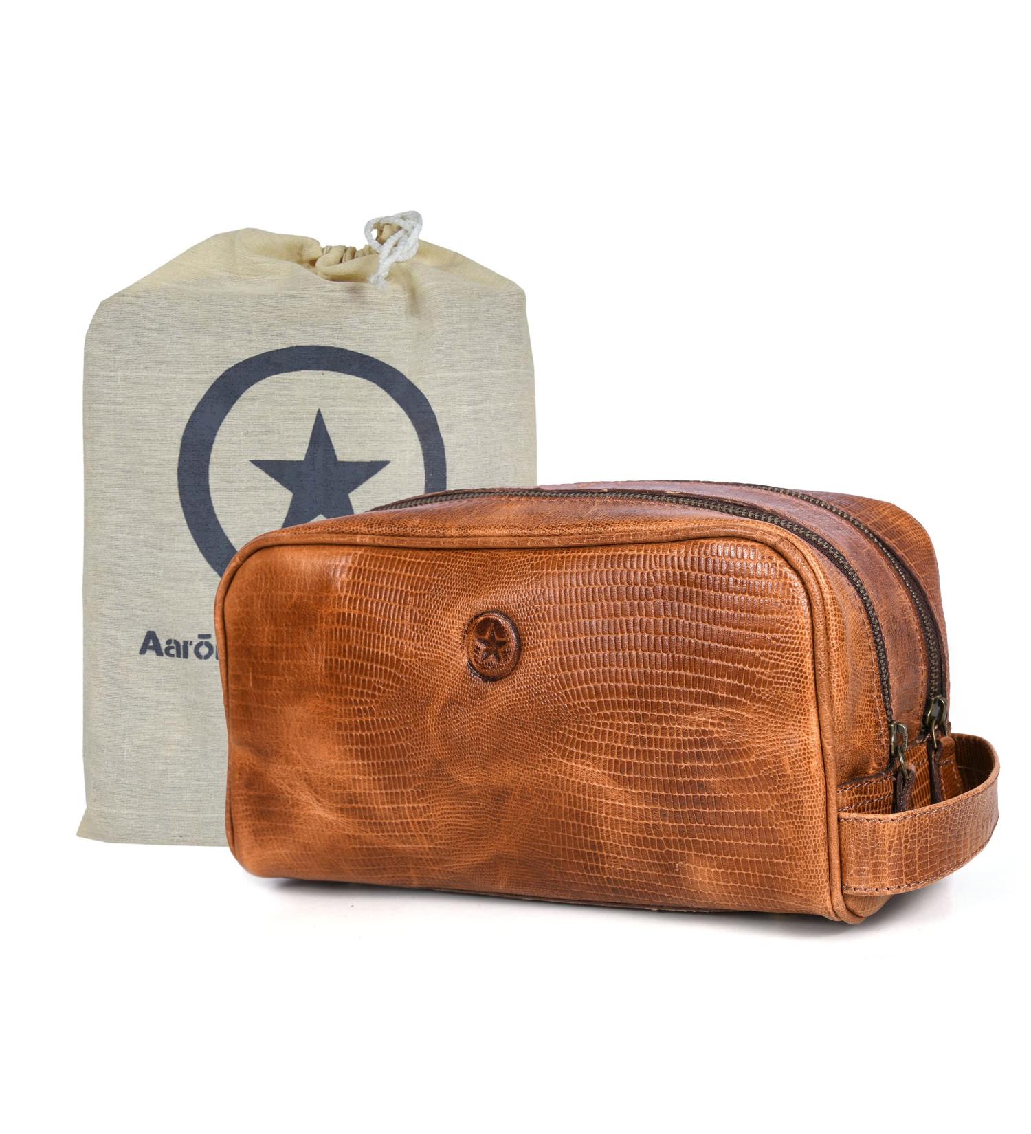 Aaron Leather Goods Brown Leather Toiletry Bag 10.5 Inch - Unisex Travel Organizer - Buy Online on GoSupps.com