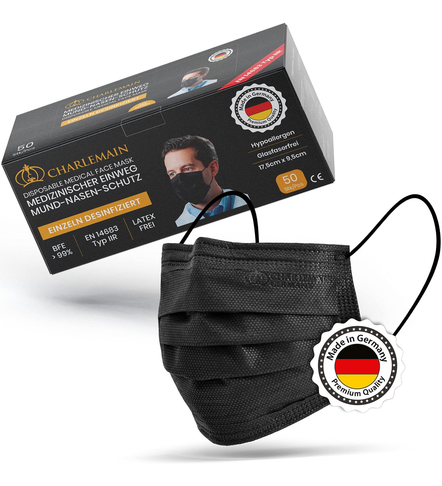 Charlemain 150x Black Medical Face Masks - EN 14683 Type IIR CE Certified 3-Layer Latex-Free BFE 99.9% - Ships Worldwide - Buy Online on GoSupps.com