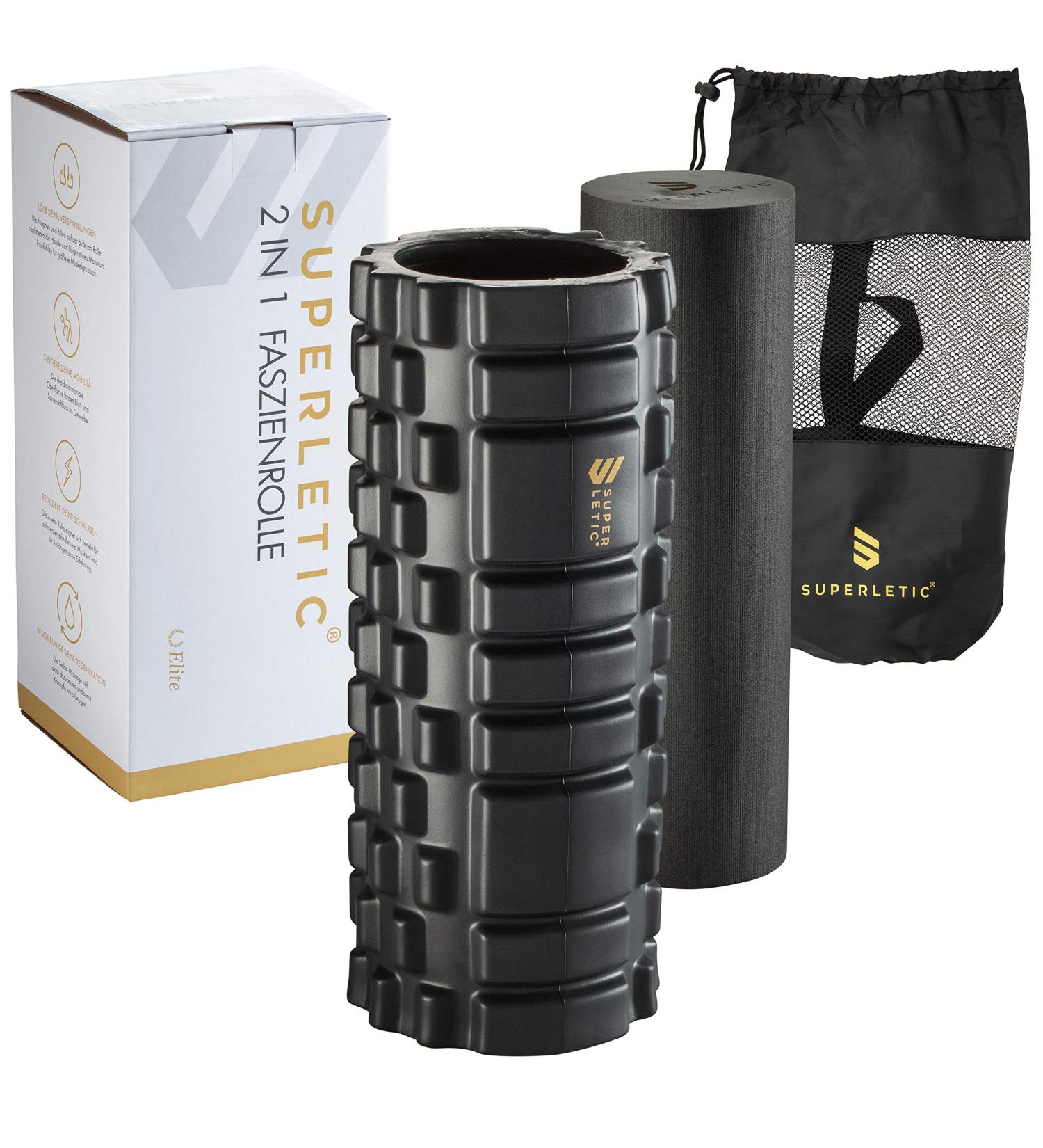 Superletic 2-in-1 Elite Fascia Roll Set | Massage Roller with Massage Sauces for Spine Back & Legs | Pilates Roller Set - Black - Buy Online on GoSupps.com