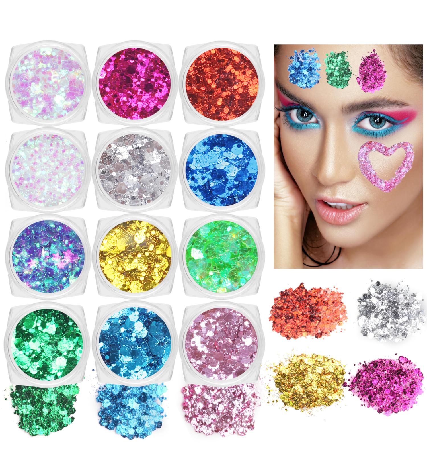MEICOLY 12 Colors Face Glitter Palette | Body Glitter Set for Women & Kids | Chunky Hair & Mermaid Glitter Gel | Festival Makeup & Face Paint - Buy Online on GoSupps.com
