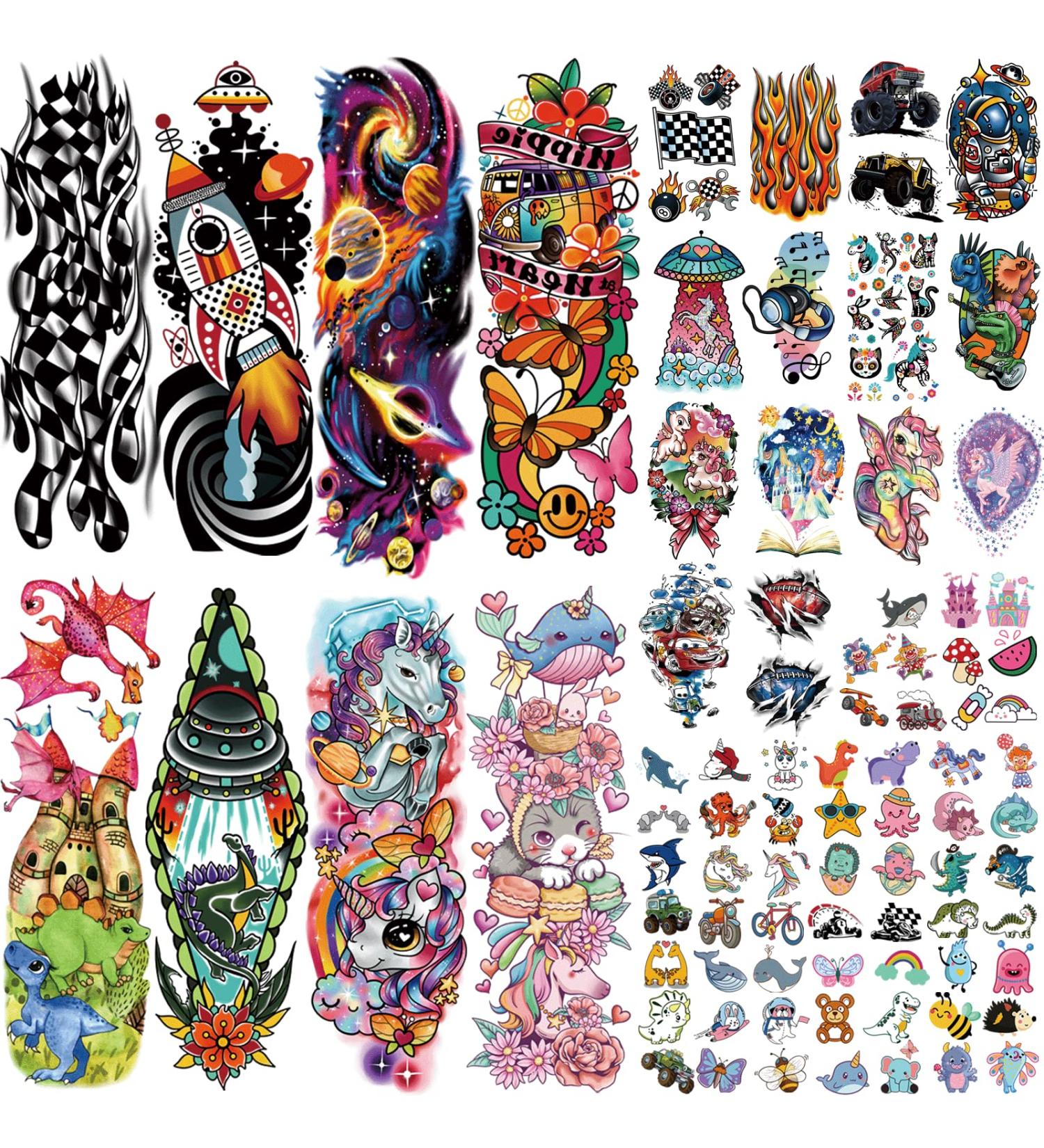 Kids Full Arm Temporary Tattoo Set - 52 Sheets, Waterproof & Realistic Designs for Children's Day Gift - Astronaut, Dinosaur, Shark, Unicorn, Butterfly Themes for Boys and Girls - Buy Online on GoSupps.com